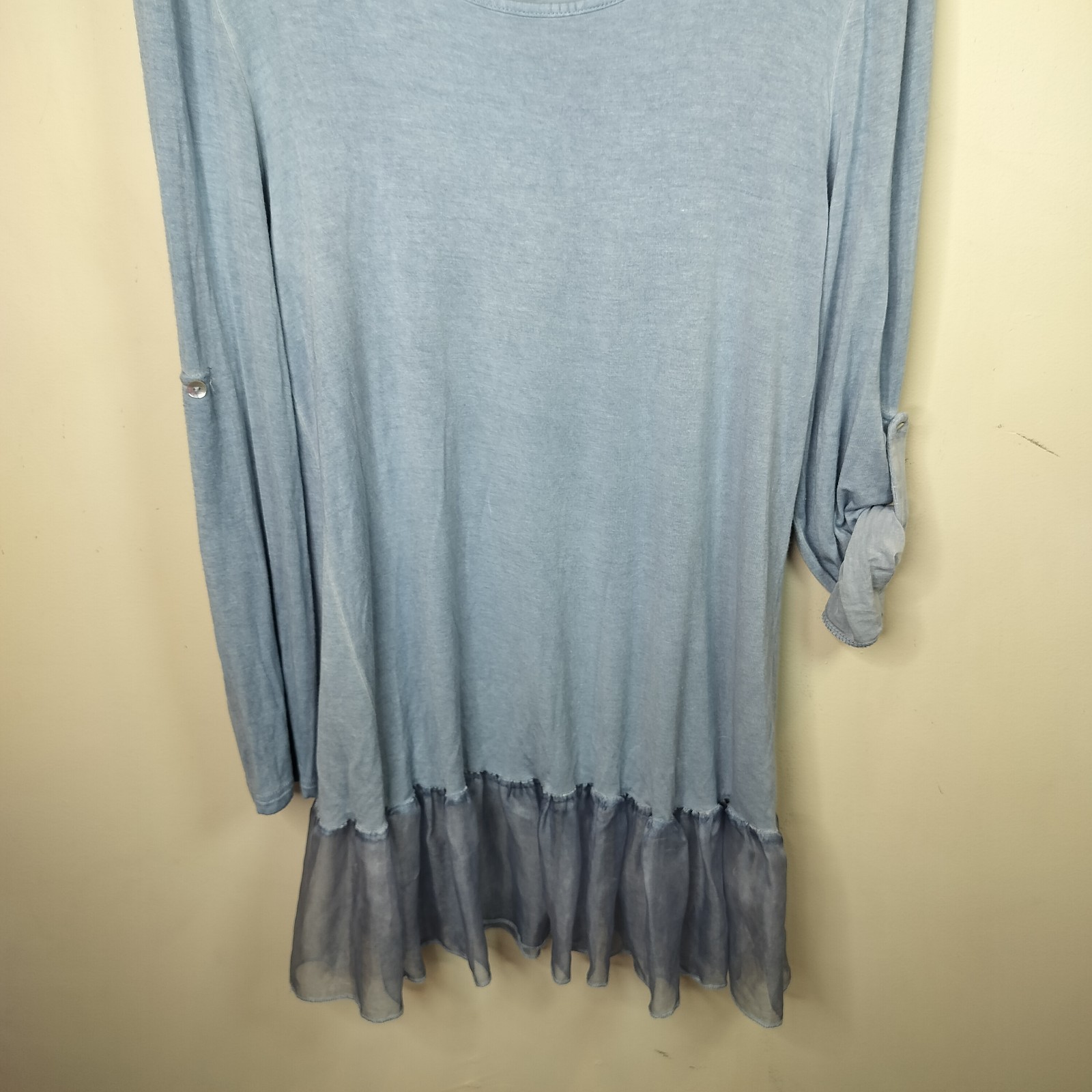 Fantazia Women’s Tunic Top M Medium Blue Stretch Knit + Chiffon Ruffle Hem