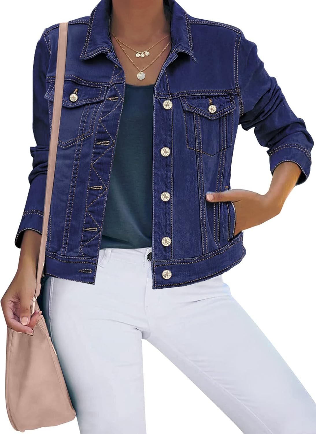 Women Basic Button Down Stretch Fitted Long Sleeves Denim Jean Jac