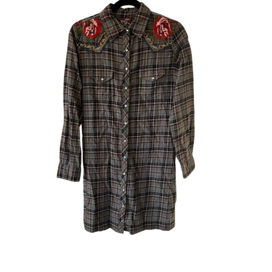 Johnny Was 3J Workshop Plaid Pearl Snap Up Tunic Western Floral Embroidered Boho