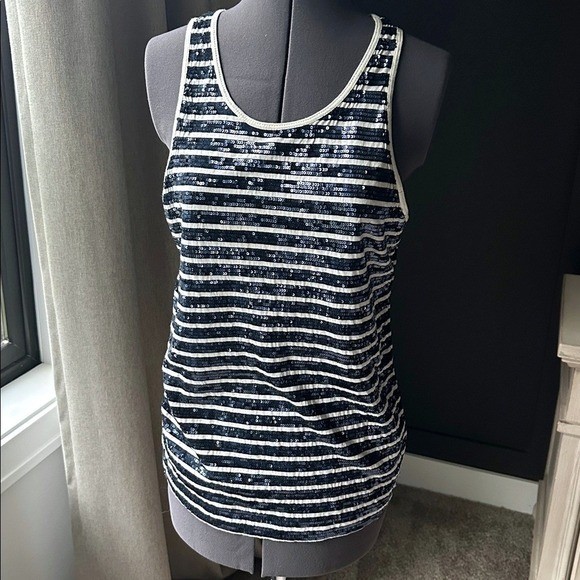 Lauren Ralph Lauren Navy and Cream Striped Sequin Tank Top Cotton Medium