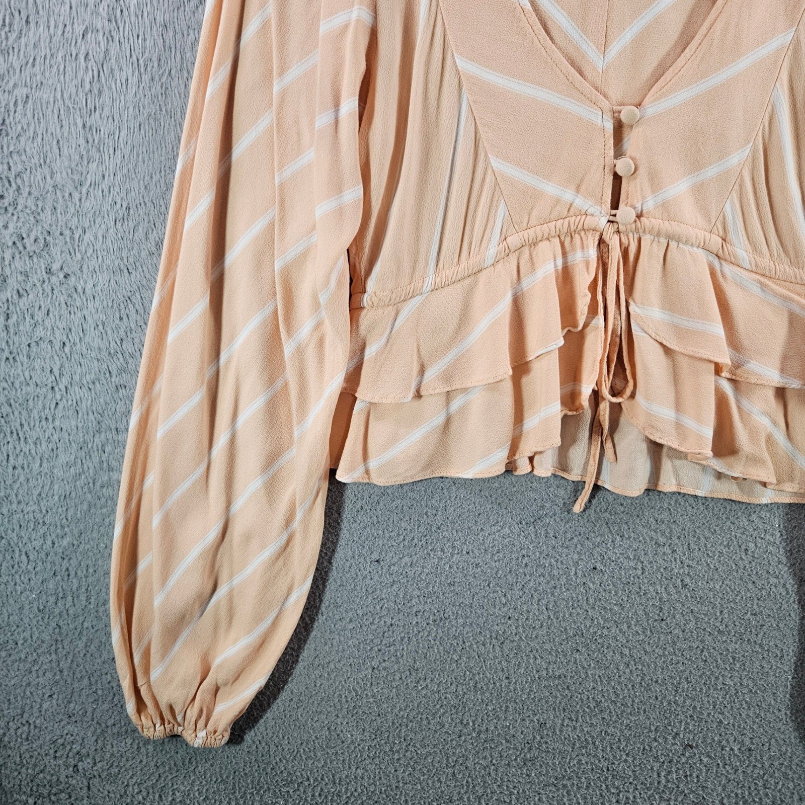 Free People Peach Striped V-Neck Ruffle Crop Blouse Long Sleeve XS