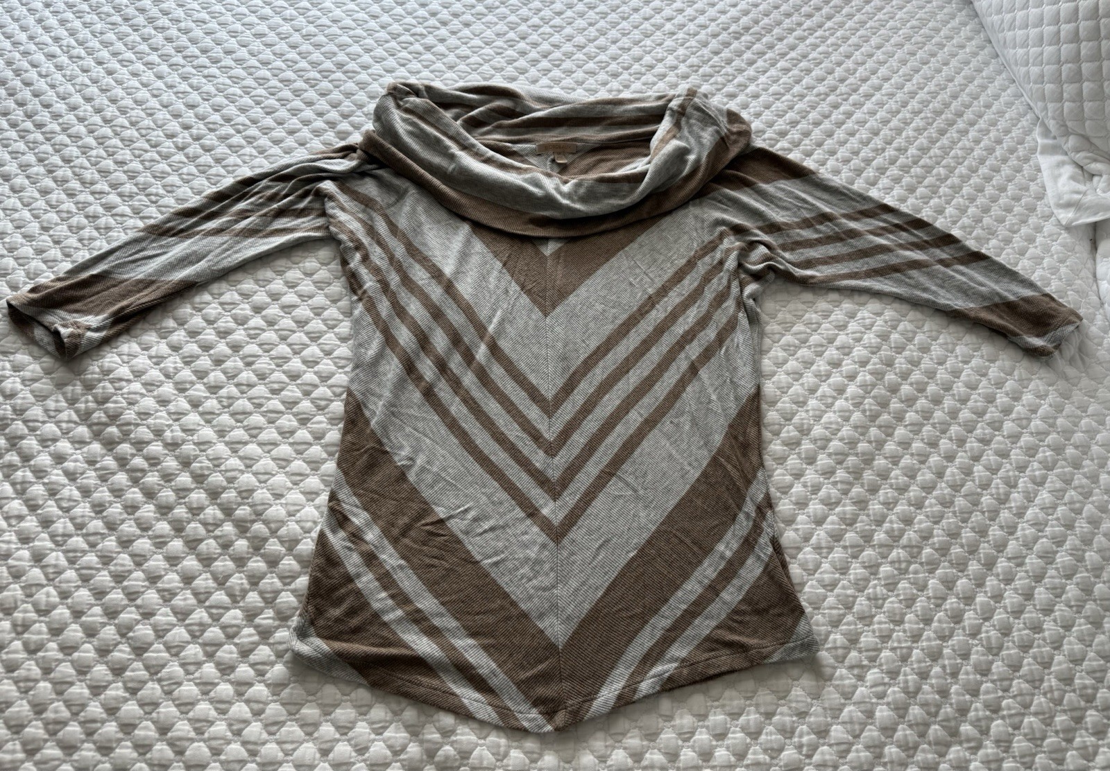 Anthropologie Bordeaux Womens Small Gray Brown Striped Cowl Neck 3/4 Sleeve Top