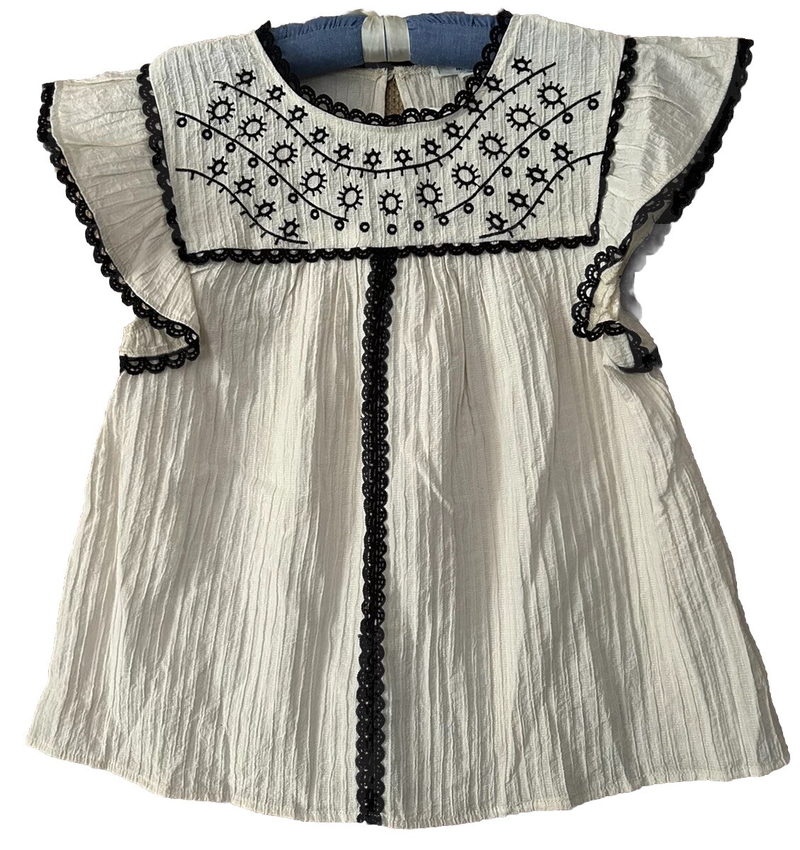 Mine Brand Top S New Boho Hippie Black Lace Trim Popover Peasant Shirt Blouse