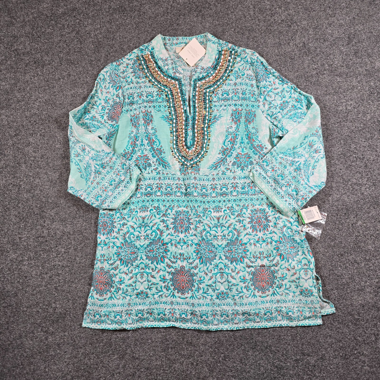 Charter Club Top Womens Size Large Green Linen Tunic Beaded Boho Beach Coastal