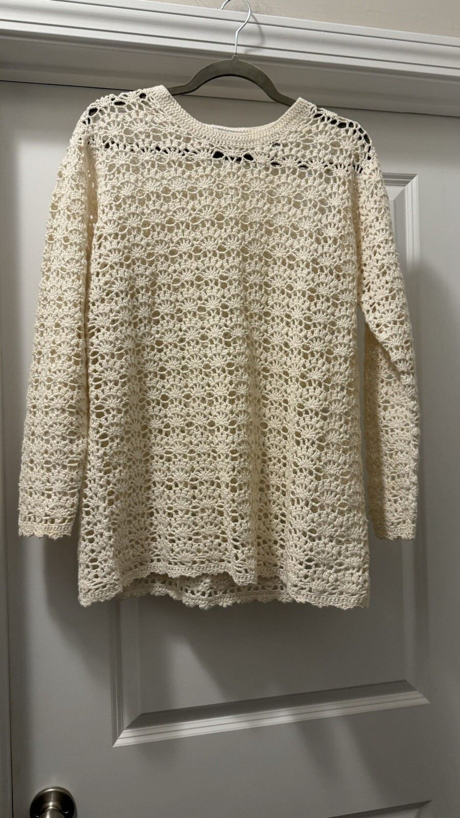 Amanda Smith Sweater Cream Crocheted Boho Style Ramie/Cotton Size L NWOT