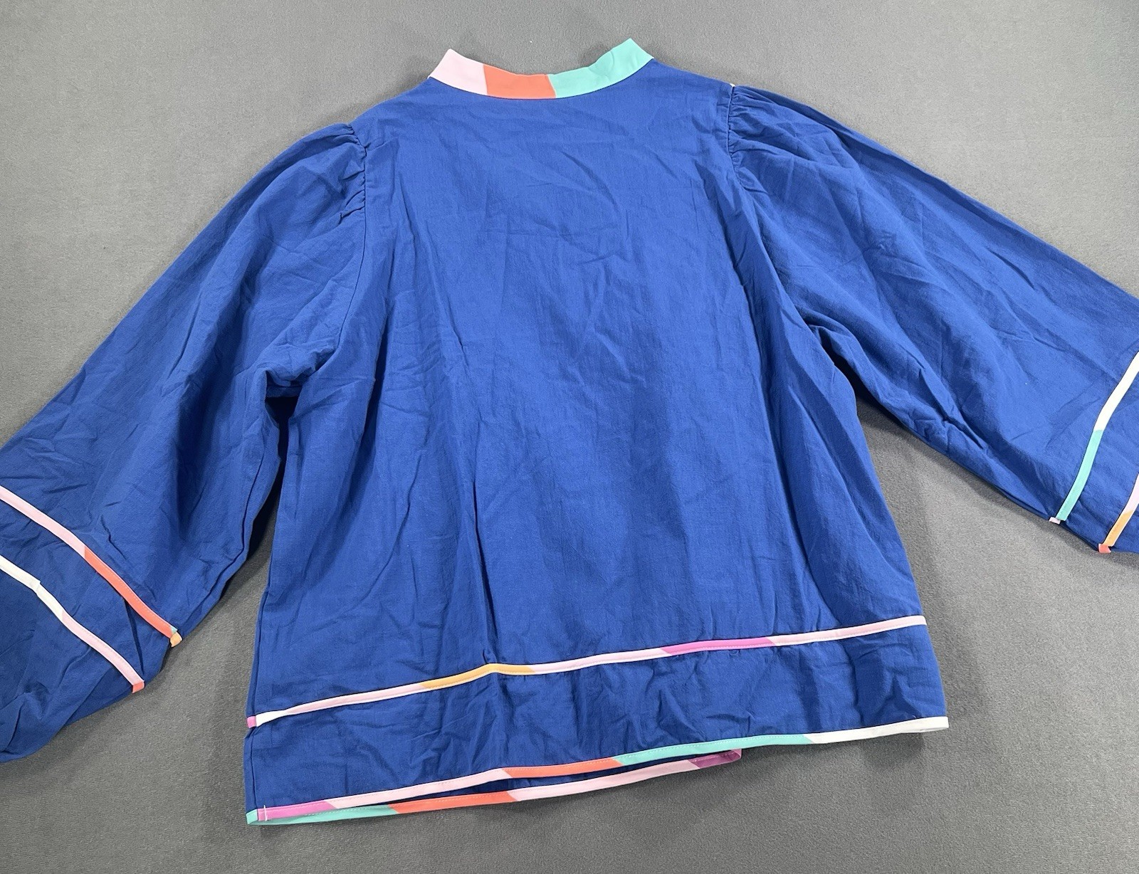 CICY BELL Blue Colorblock Trim Balloon Sleeve Babydoll Cotton Blouse Women’s XL