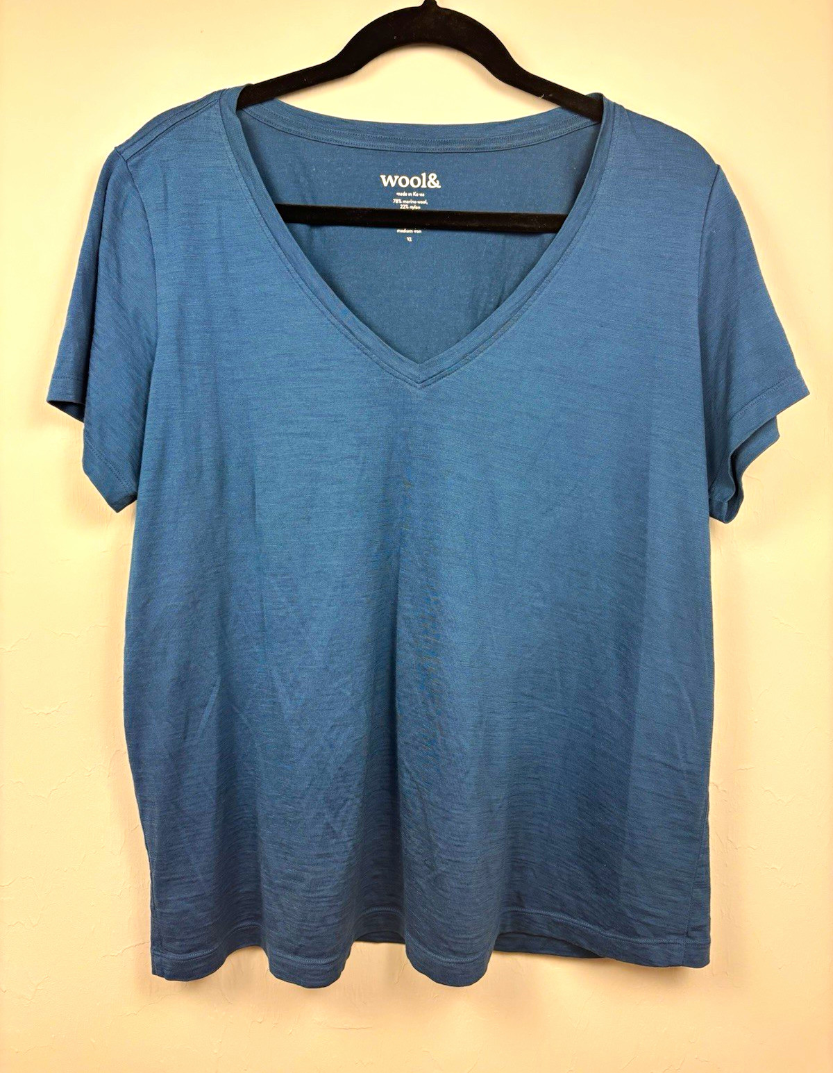 wool& Women’s Blue Solid 78% Merino Wool Knit V-Neck Short Sleeve T-Shirt XL