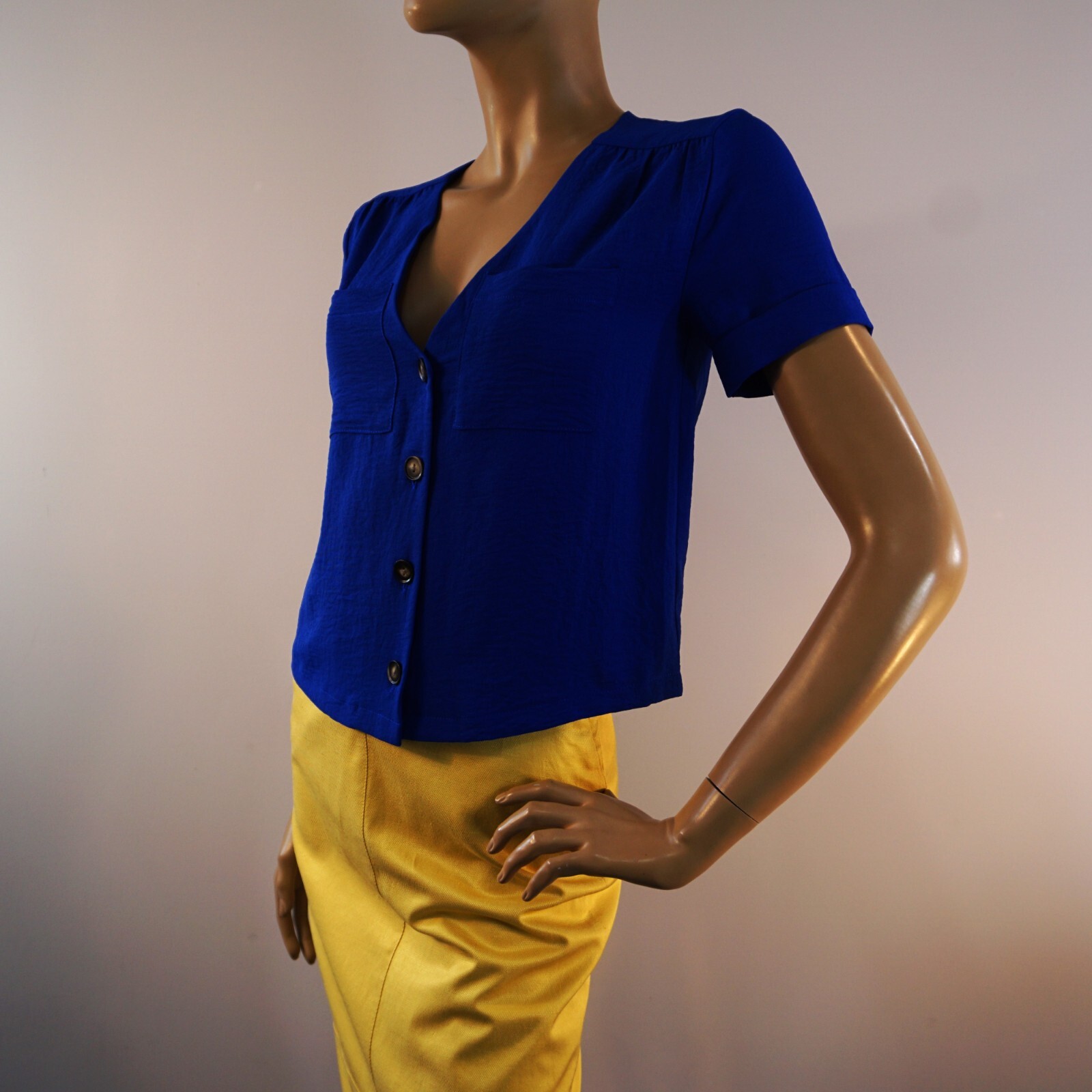 Monteau Los Angeles Womens Blouse Size S Royal Blue V Neck Buttoned Top