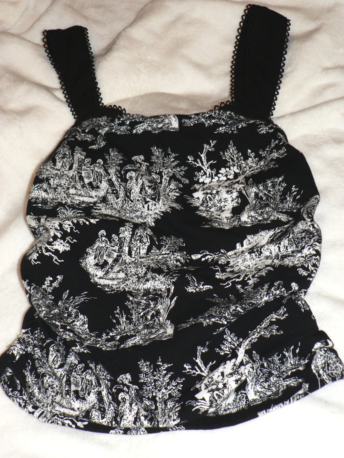 NWT Toile Scenic Print Lace Trim Tank Top Black White Whimsygoth Dark Cottagecor