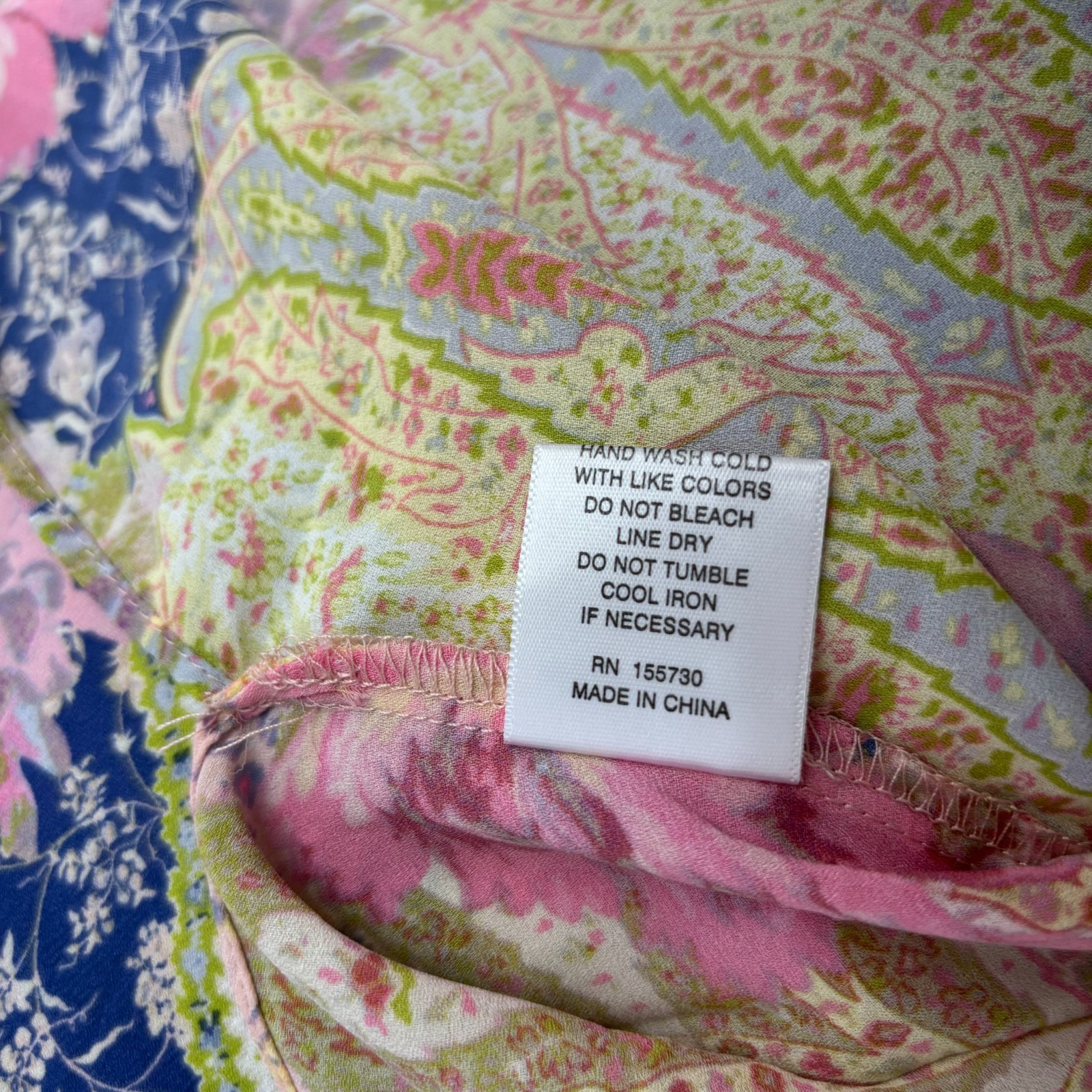 Rose & Olive Top Women’s Medium Pink Yellow Blue Floral Paisley Blouse Romantic