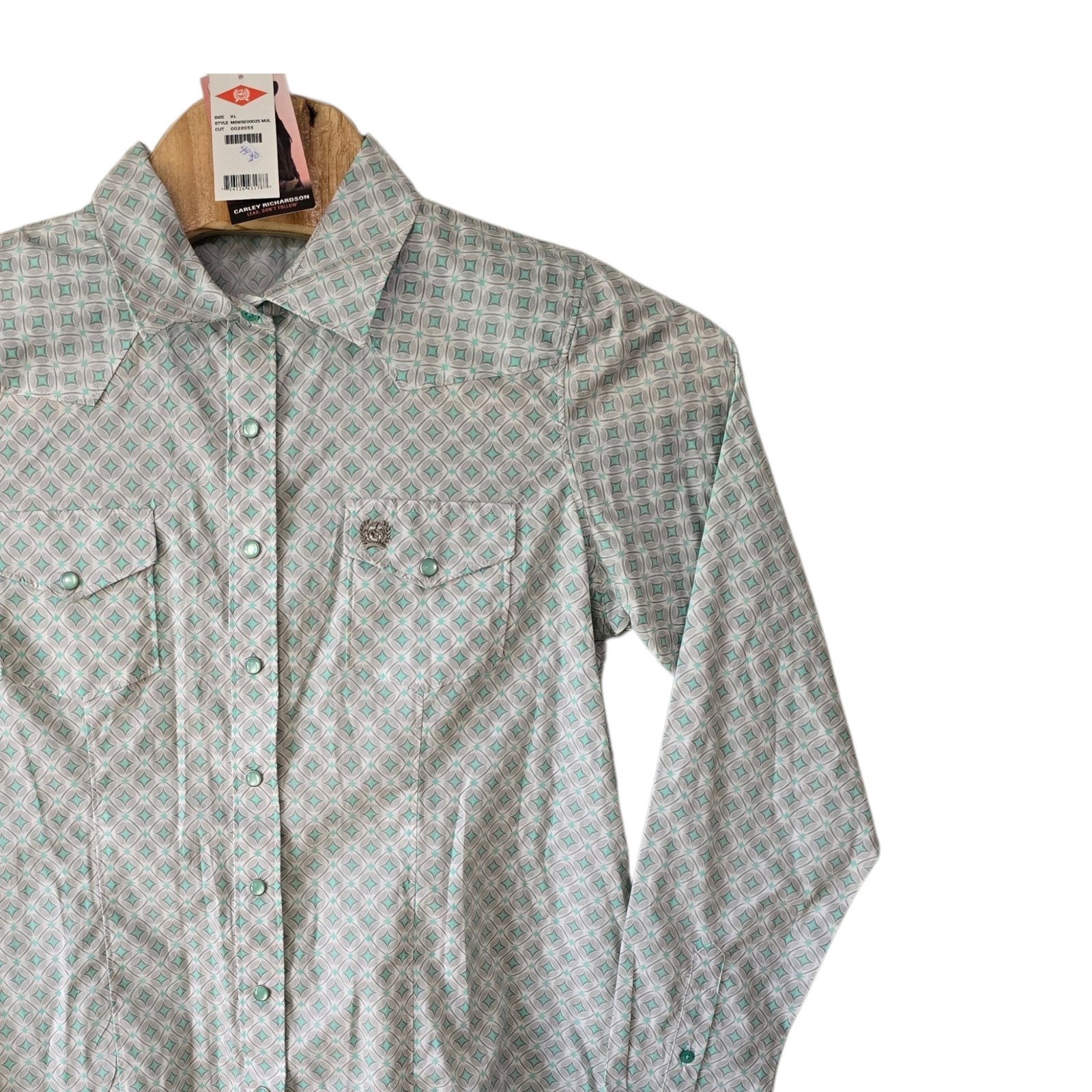 Cinch Women Teal Geometric Print Western Snap Button Shirt MSW9200025 XL NWT