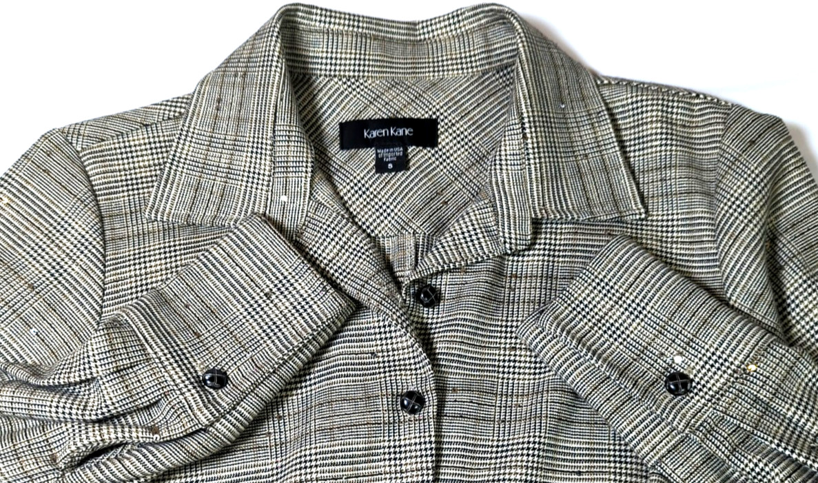 Karen Kane Shirt S Sequin Accents Houndstooth Pleated Sides Sophisticate Chic
