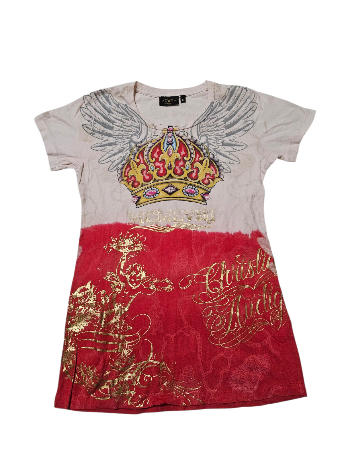 Christian Audigier Shirt Small Green Tattoo Crown Wings Cherub Gold