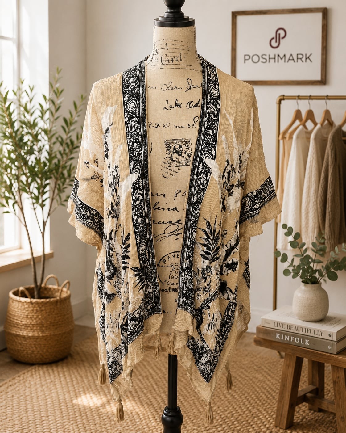 Vince Camuto Floral Print Kimono Banana Topper with Tassels