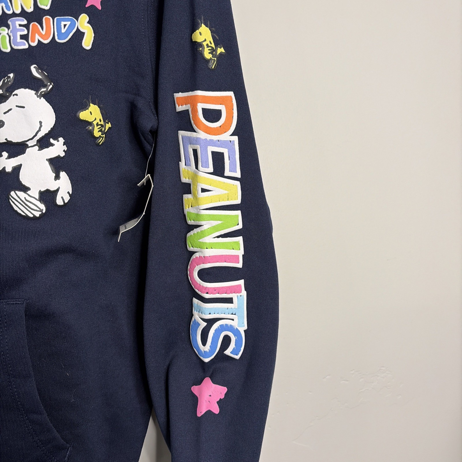 Peanuts Snoopy and Friends Zip Up Hoodie Womens S Navy Blue Puffy Graphics NEW