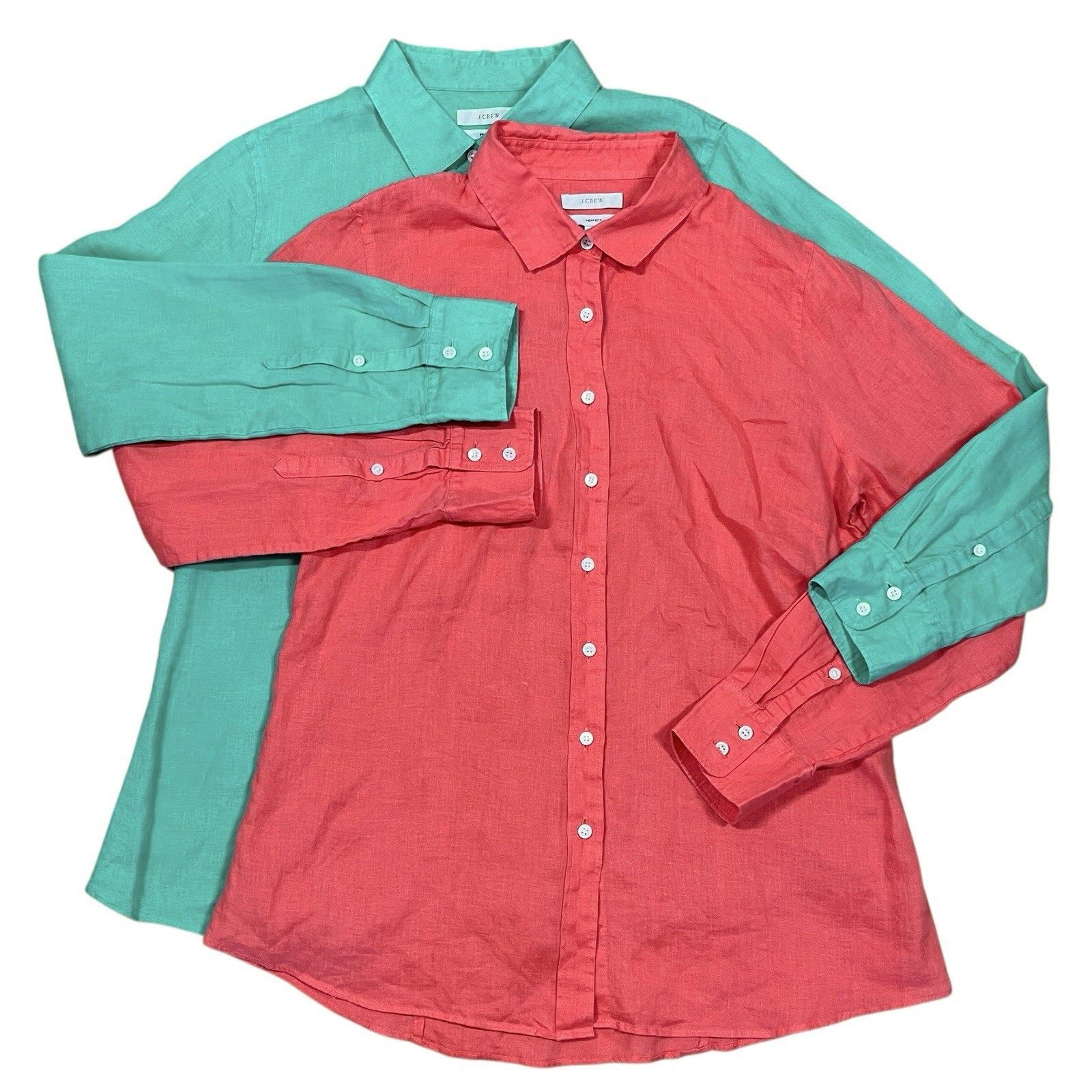 Lot of 2 J Crew Perfect Fit 100% Linen Shirts Sz 10 PETITE Pink Teal Long Sleeve
