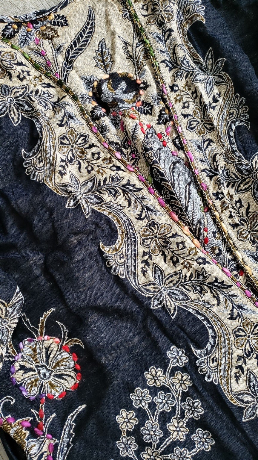 Boho Black Paisley Floral Embroidered Maxi Kimono Gypsy Hippie Duster Ca G2U