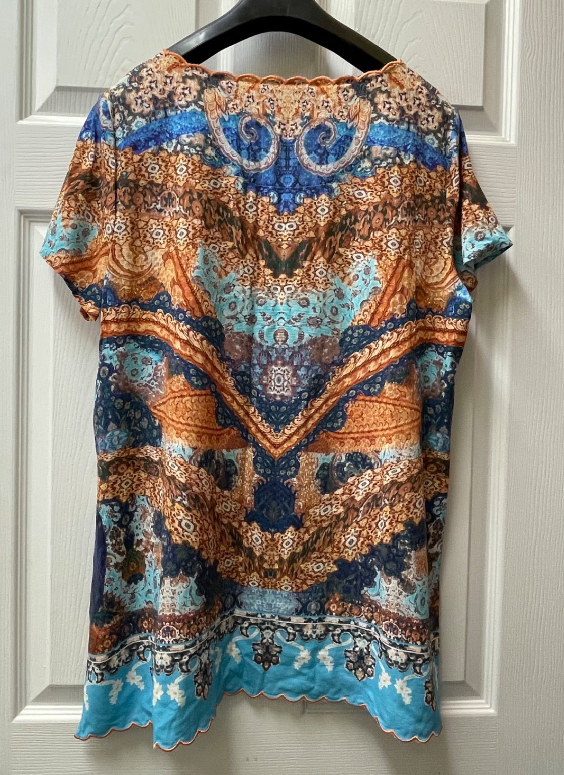 Soft Surroundings Women’s Size Medium Blue/Copper Scalloped Hem Cap Sleeve Knit