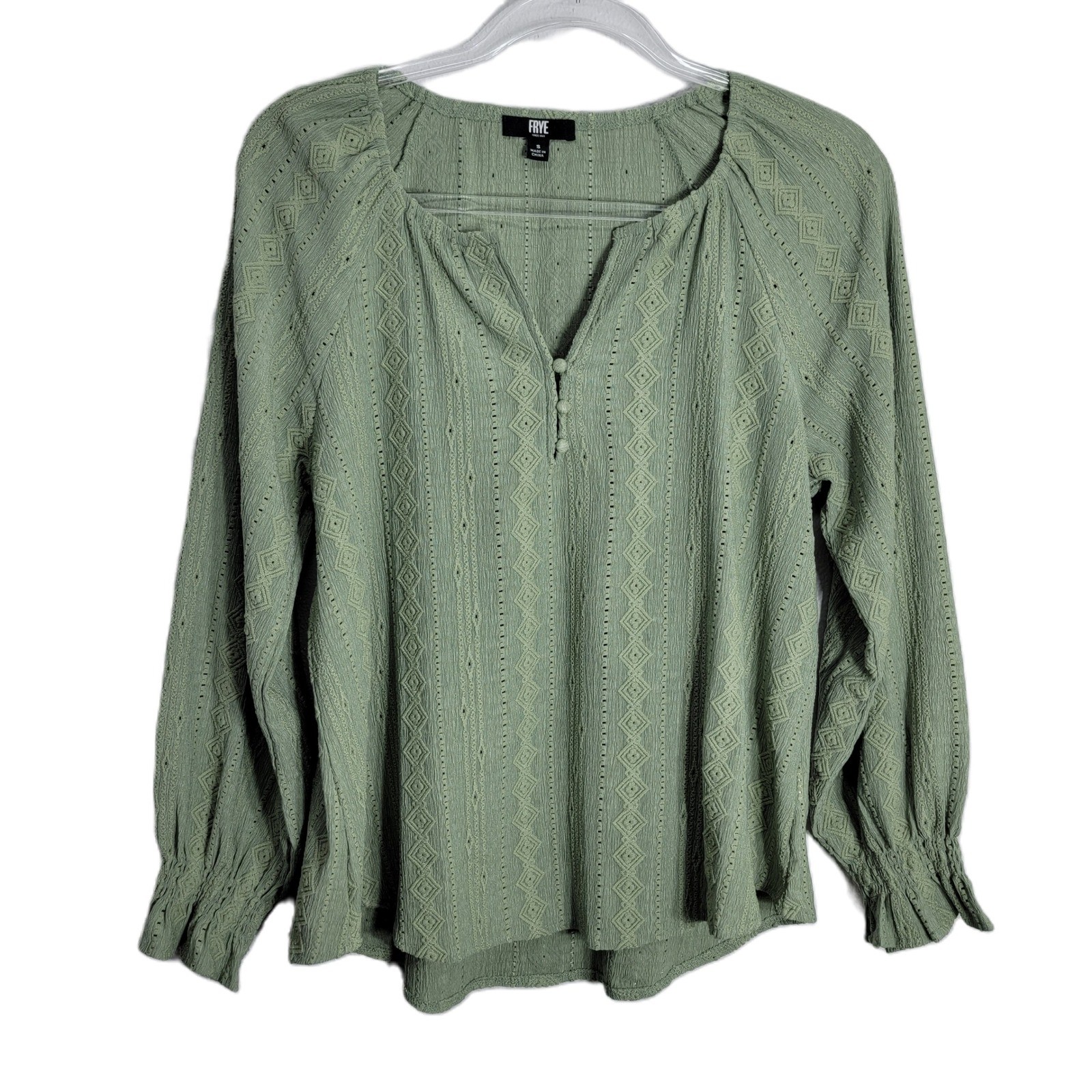 Frye Womens Small Sage Green Eyelet Embroidered Peasant Blouse Smocked Cuffs