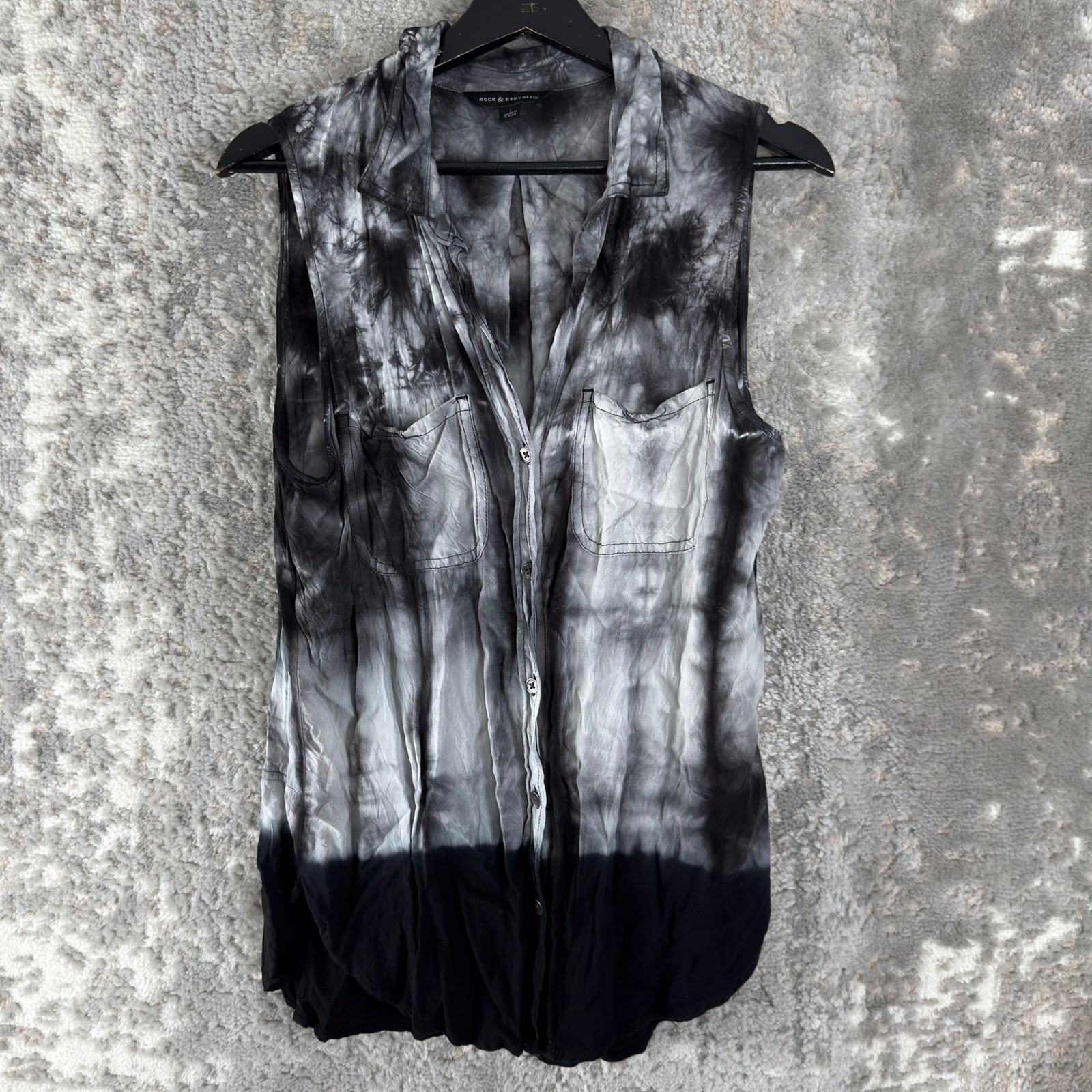 Rock & Republic Size L Tie Dye Button Up Sleeveless Top Black White Sleeveless