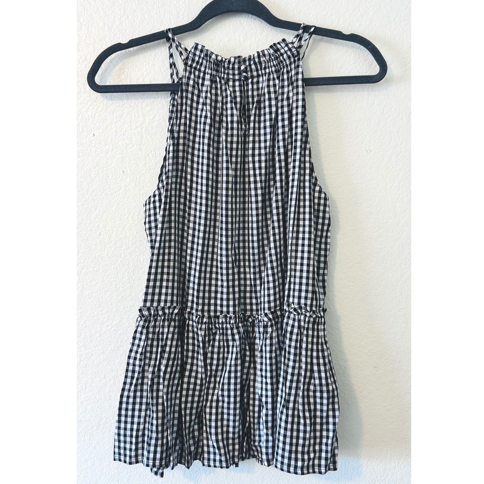 LOFT Black White Gingham Halter Top Smocked Neck Peplum Blouse SZ M NWT