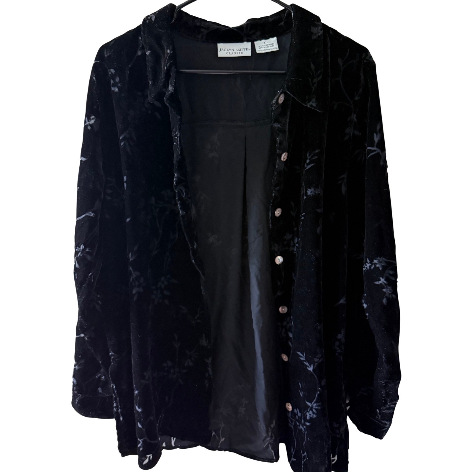 Jaclyn Smith Classic Womens XL Black Velvet Burnout Floral Button Down Shirt Top