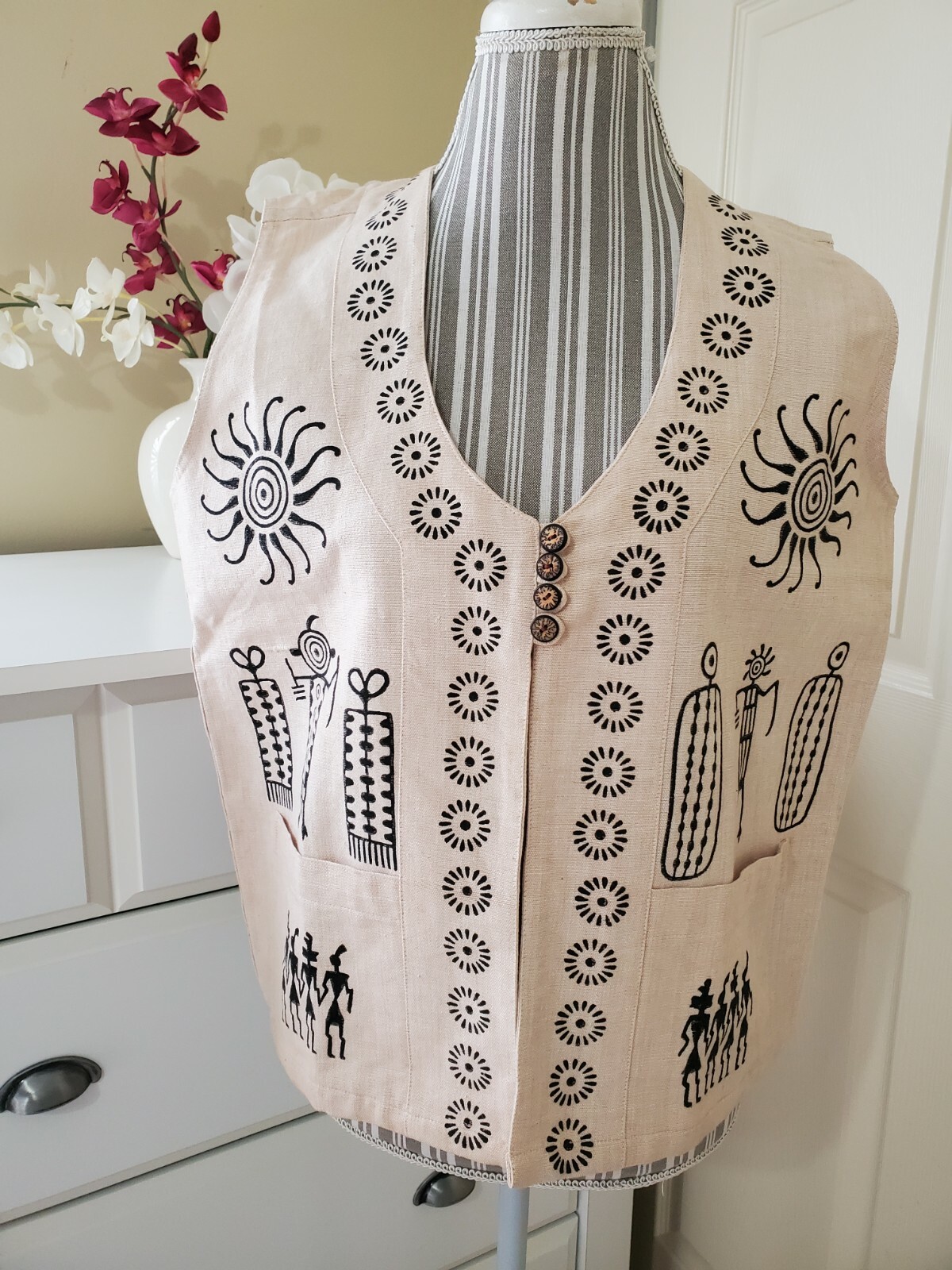 VTG Venus Imports Ivory Raw Cotton Black Primitive Print, Nepal Vest Sz.S