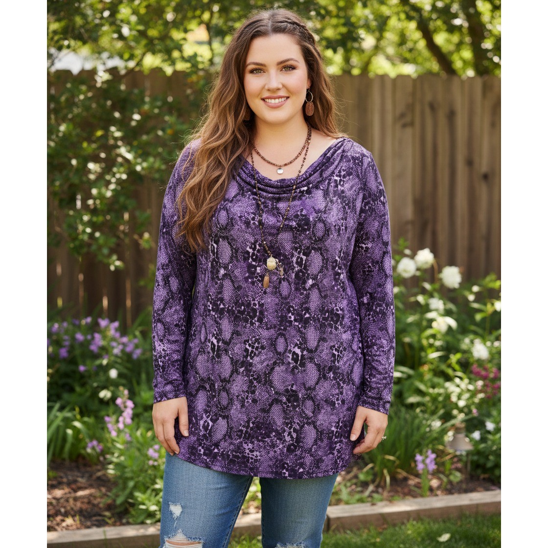 Lane Bryant 14 16 Top Purple Black Snake Knit Ruched Boho Moody Casual Edgy Mod