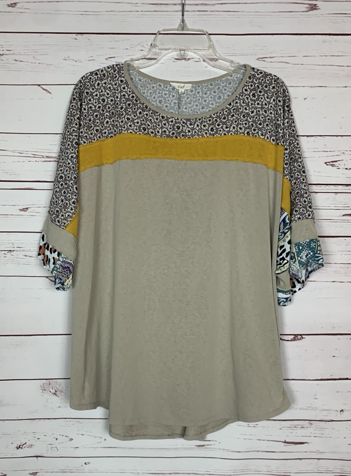 Easel Anthropologie Women’s L Large Beige Floral Boho Short Sleeve Tunic Top