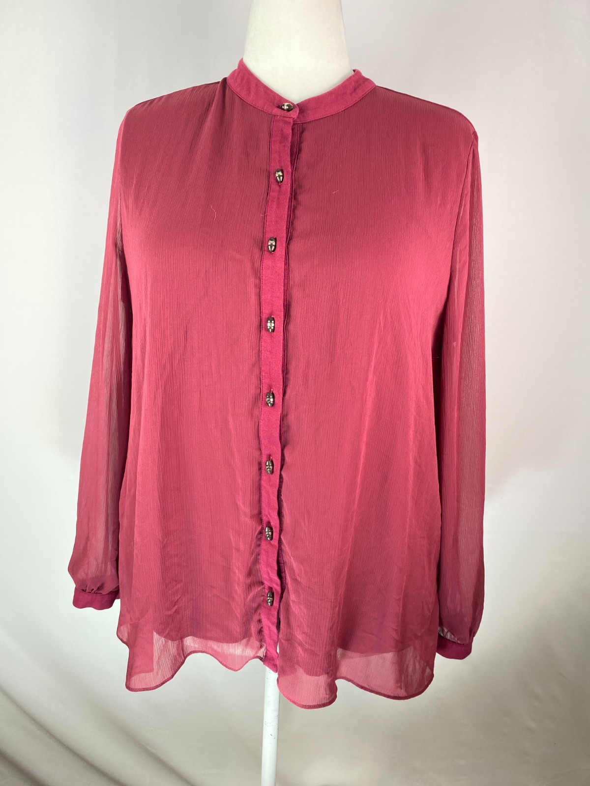 Soft Surroundings Sz XL Toggle Buttons Burgundy Sheer Overlay Blouse High Low