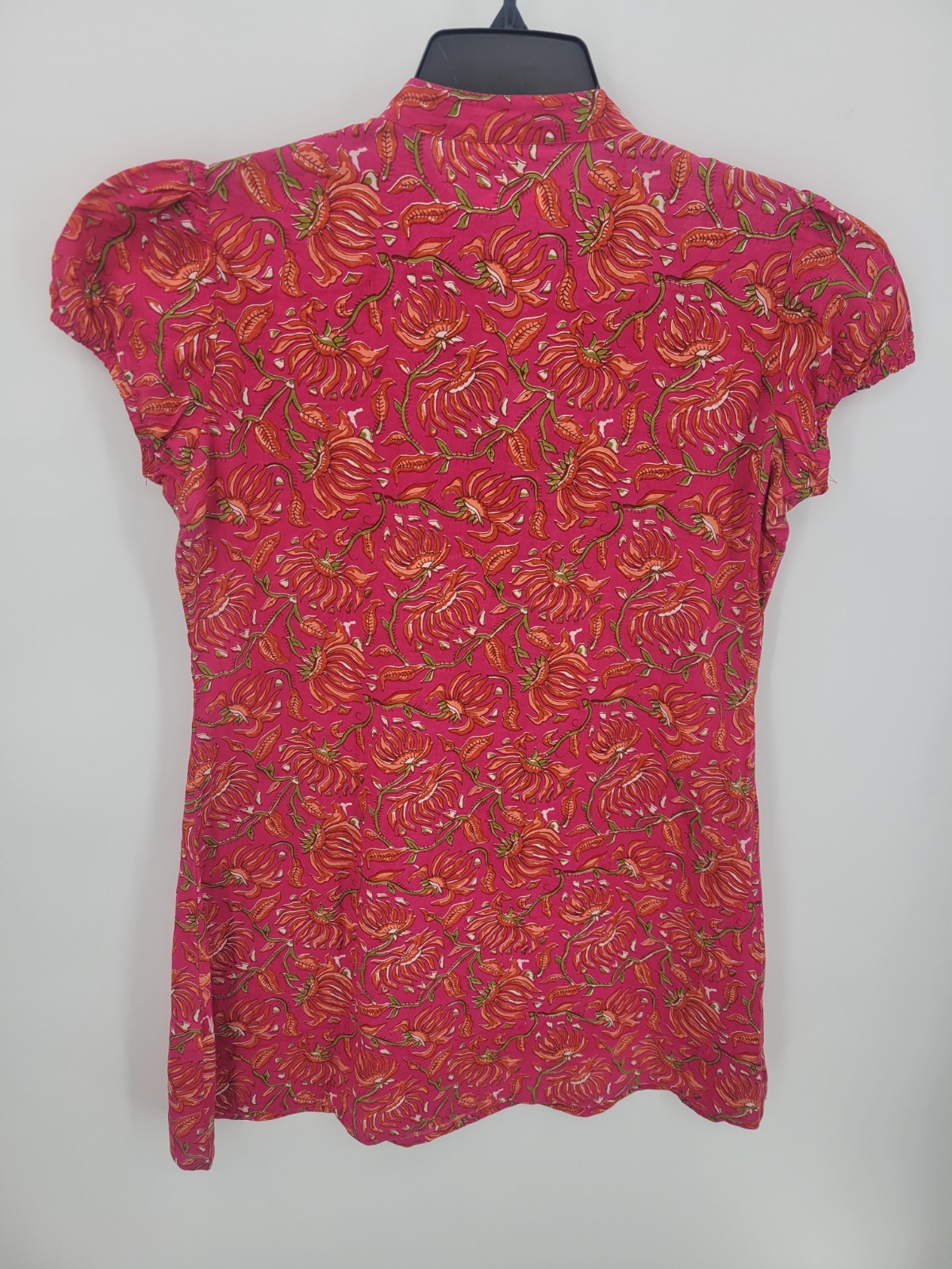 Westside Top Womens Medium Pink Red Floral Pleated Sequined Puff Sleeve Artsy