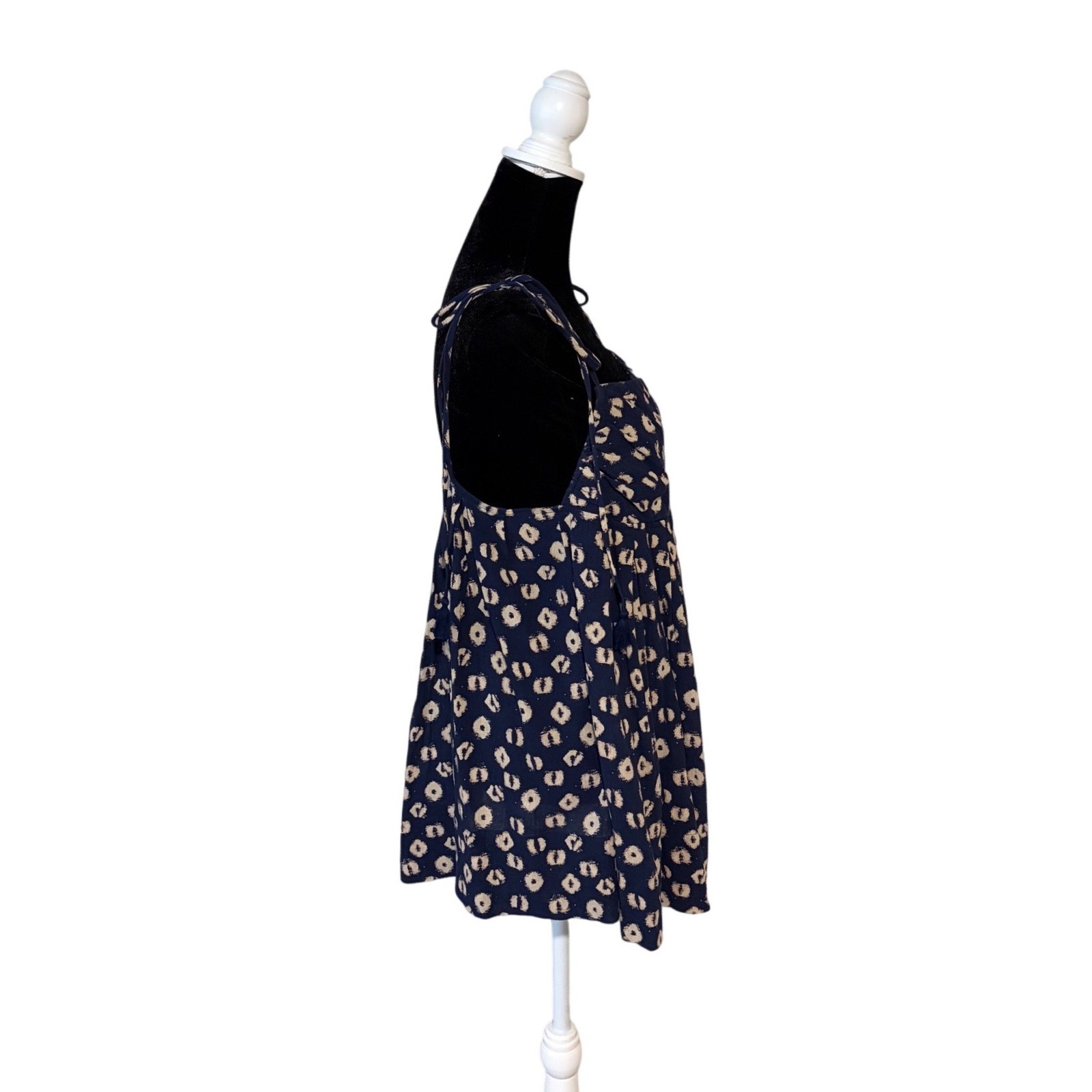 Free People Beach Dress M Navy Ikat Print Tie Strap Babydoll Mini Boho Tunic