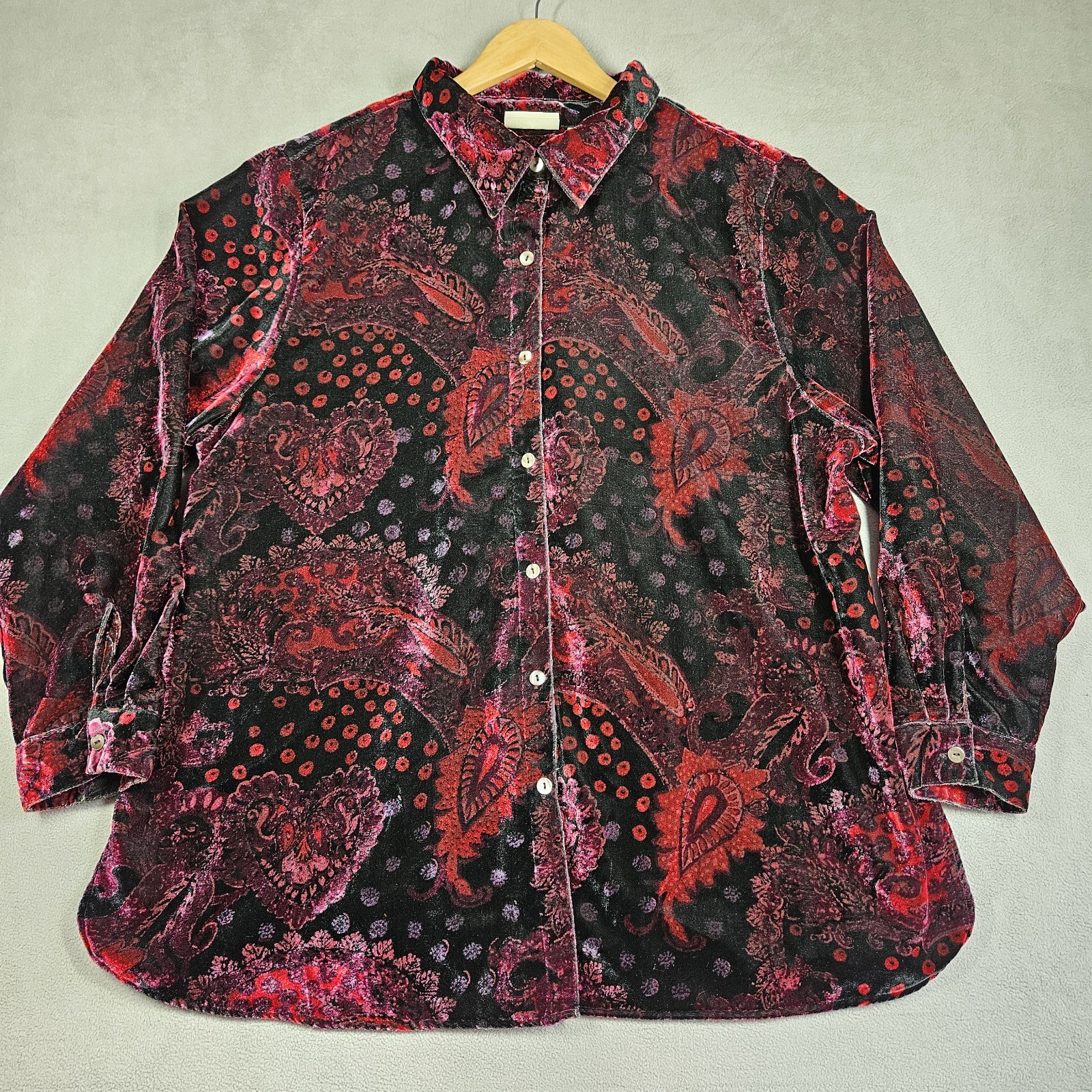 Vtg Whimsigoth Blouse Womens Plus 18W Tunic Button Up Velvet Black Red Valentine