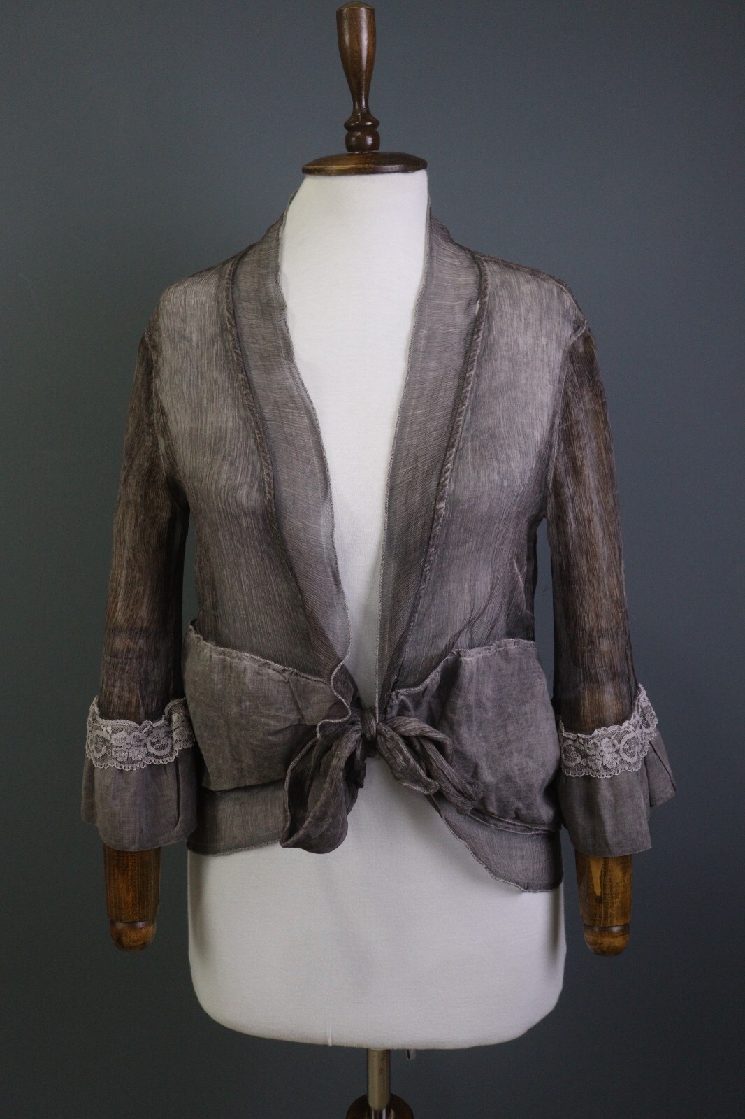 VTG Elisa Cavaletti Brown 100% Silk Chiffon Designed Cardigan Blazer Top Size S