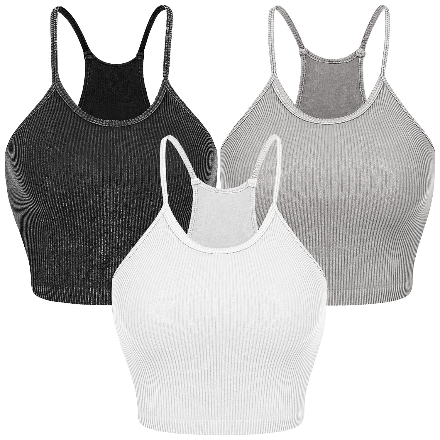 3 Pack Women Seamless Ribbed Knit Crop Tank Tops Workout Yoga Sleep Sports Bra