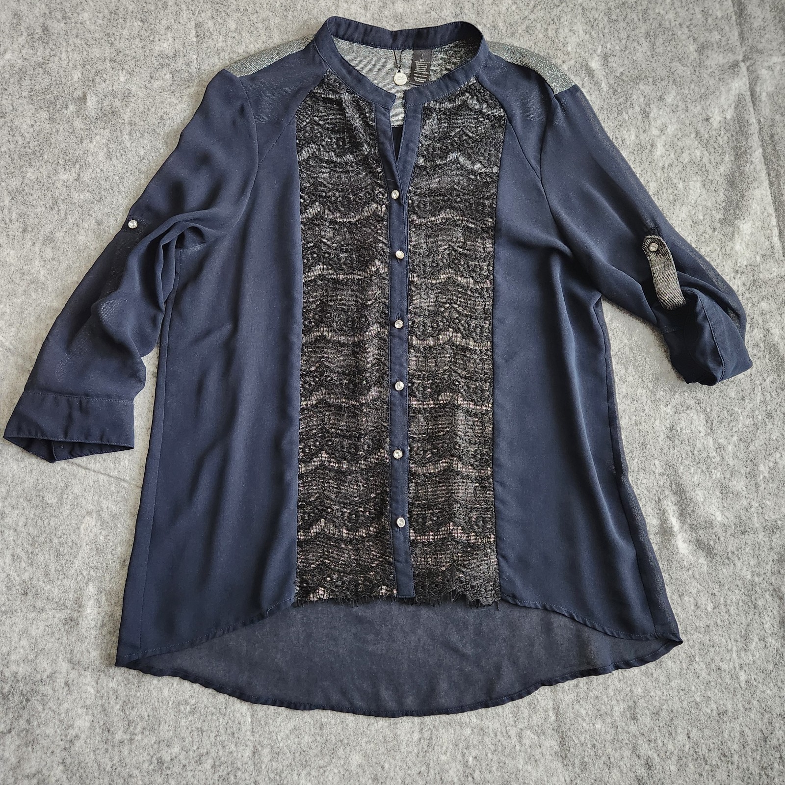 BKE Boutique Glitter Sheer Lace Top Women’s L Blue Button Up Embroidered Fringe