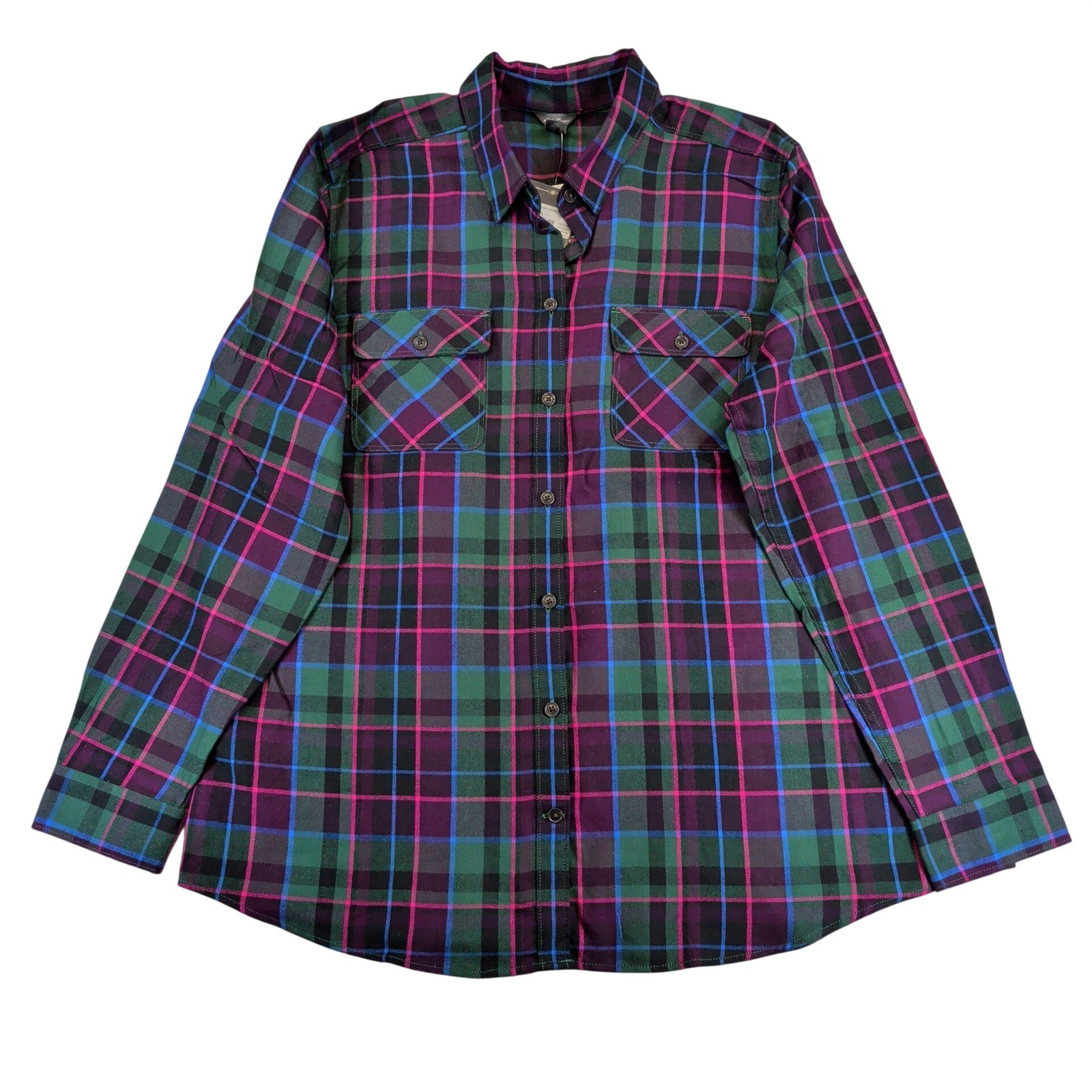 Eddie Bauer Firelight Flannel Shirt XL Dark Pine Purple Green Plaid Tencel NEW