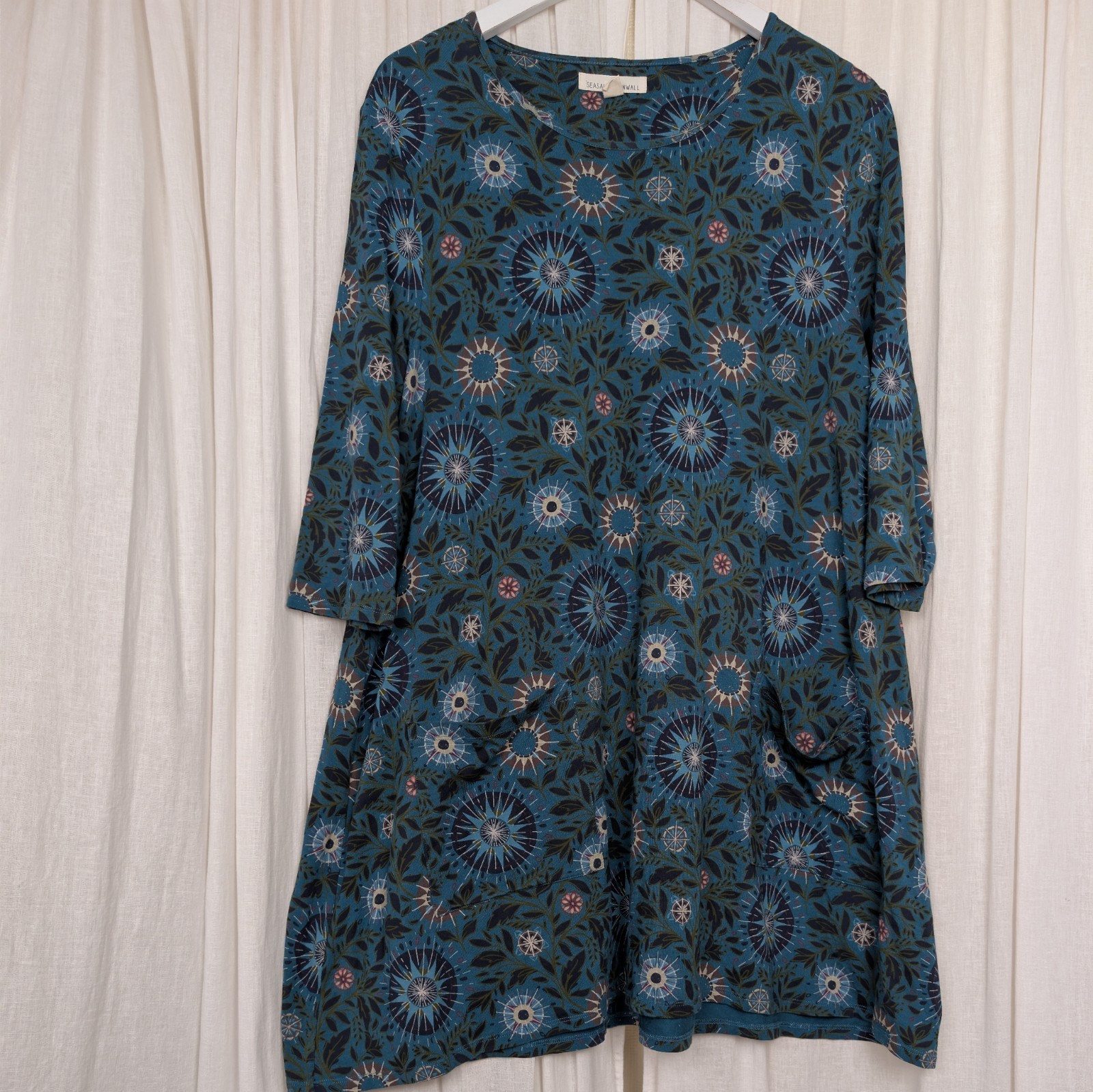 Seasalt Killiow Tunic Top Floral Teal Green Cotton Blend Jersey UK 18 3/4 Sleeve