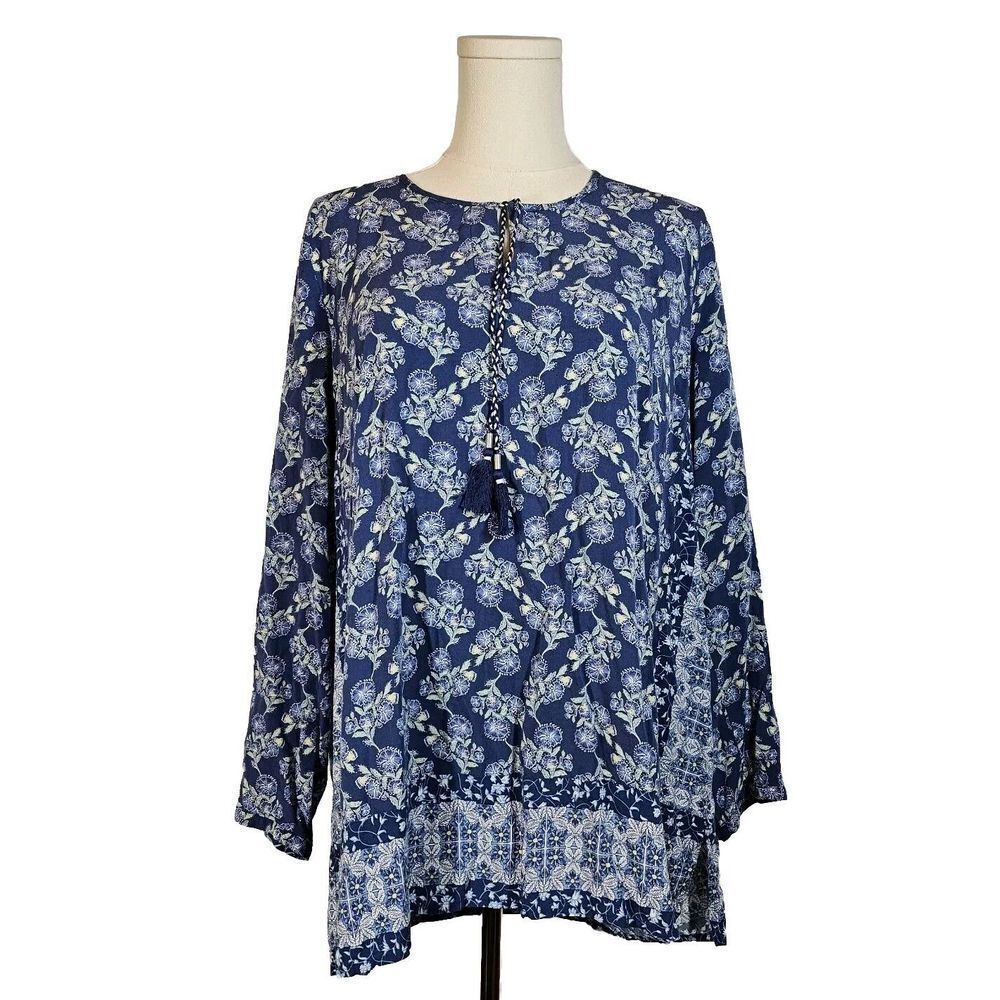 J. Jill Keyhole Front Tie Blouse Lagenlook Cottagecore Floral Blue XL Petite