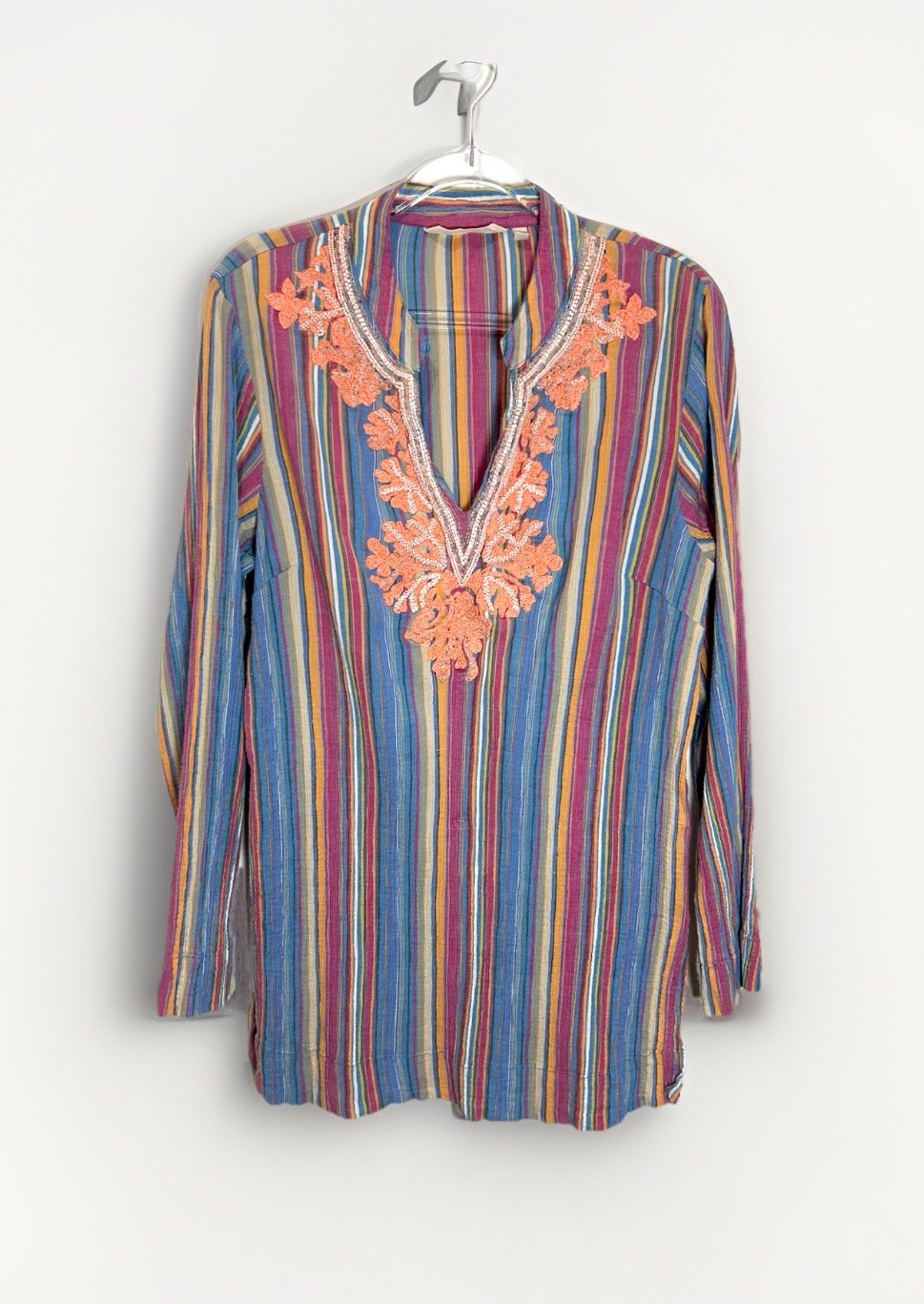 Soft Surroundings Tunic Top Embroidered Beaded Gauzy 100% Cotton Striped Gypsy L