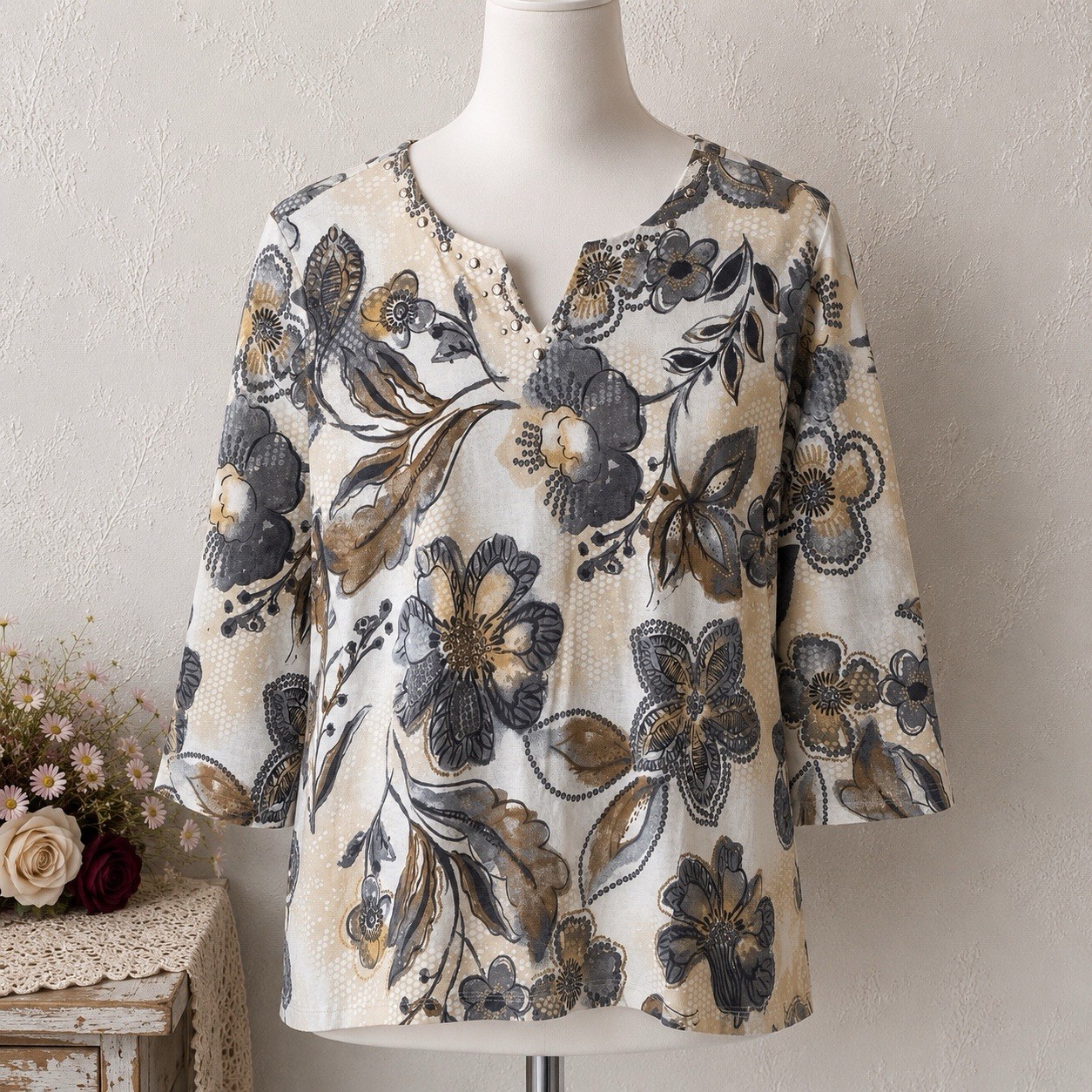 Alfred Dunner Women’s Medium Blouse Neutral Floral 3/4 Sleeve All Seasons Nice!