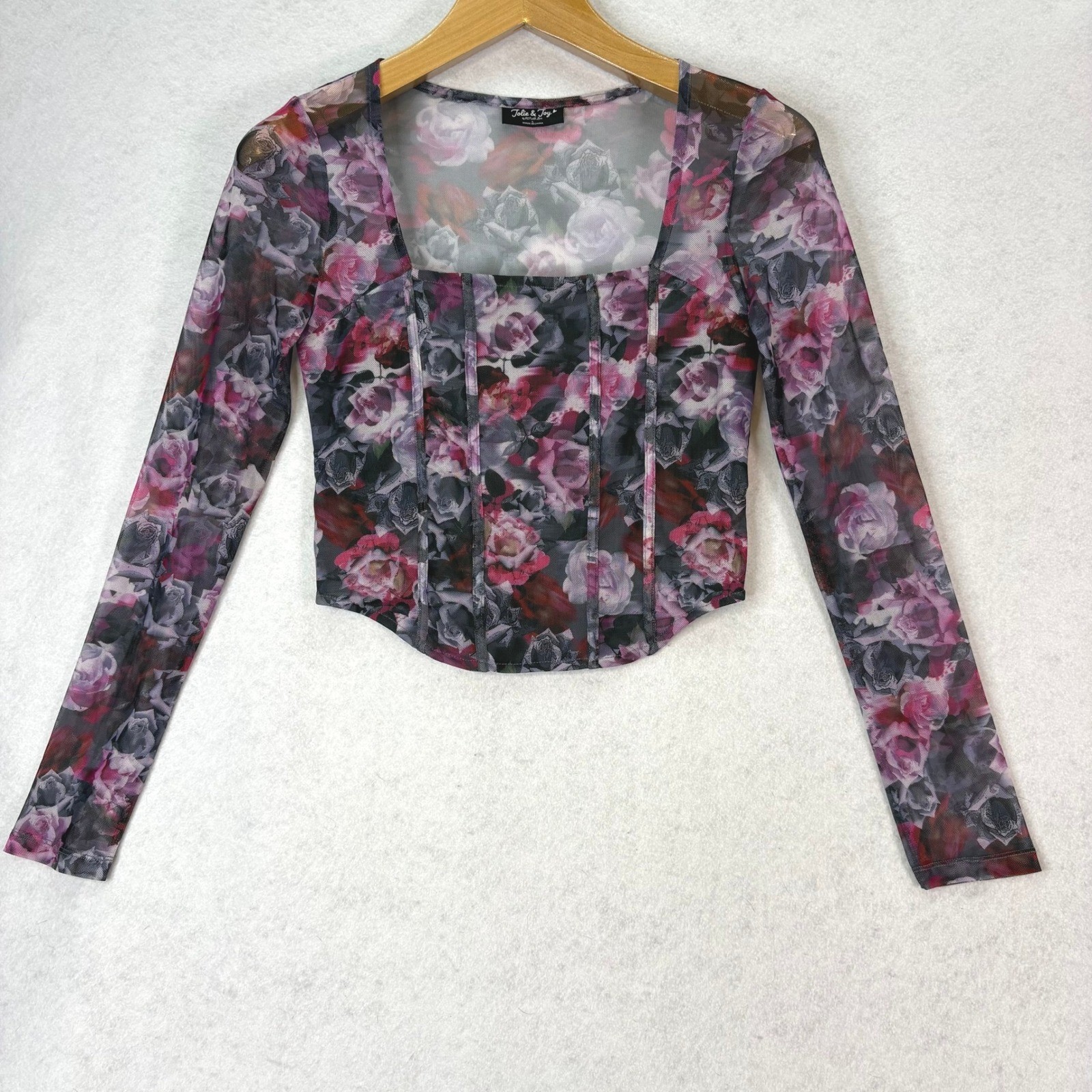 Jolie & Joy Purple Floral Mesh Corset Style L/S Top Women L Romantic Fairy Date