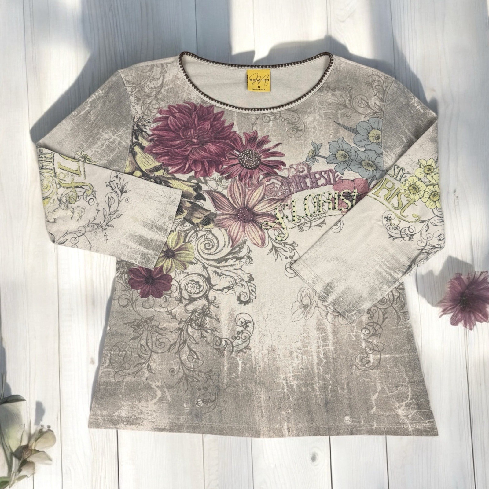 Colorful Flower Rhinestone Top 90s Fairy Boho Artsy Cottagecore Romantic Fade S
