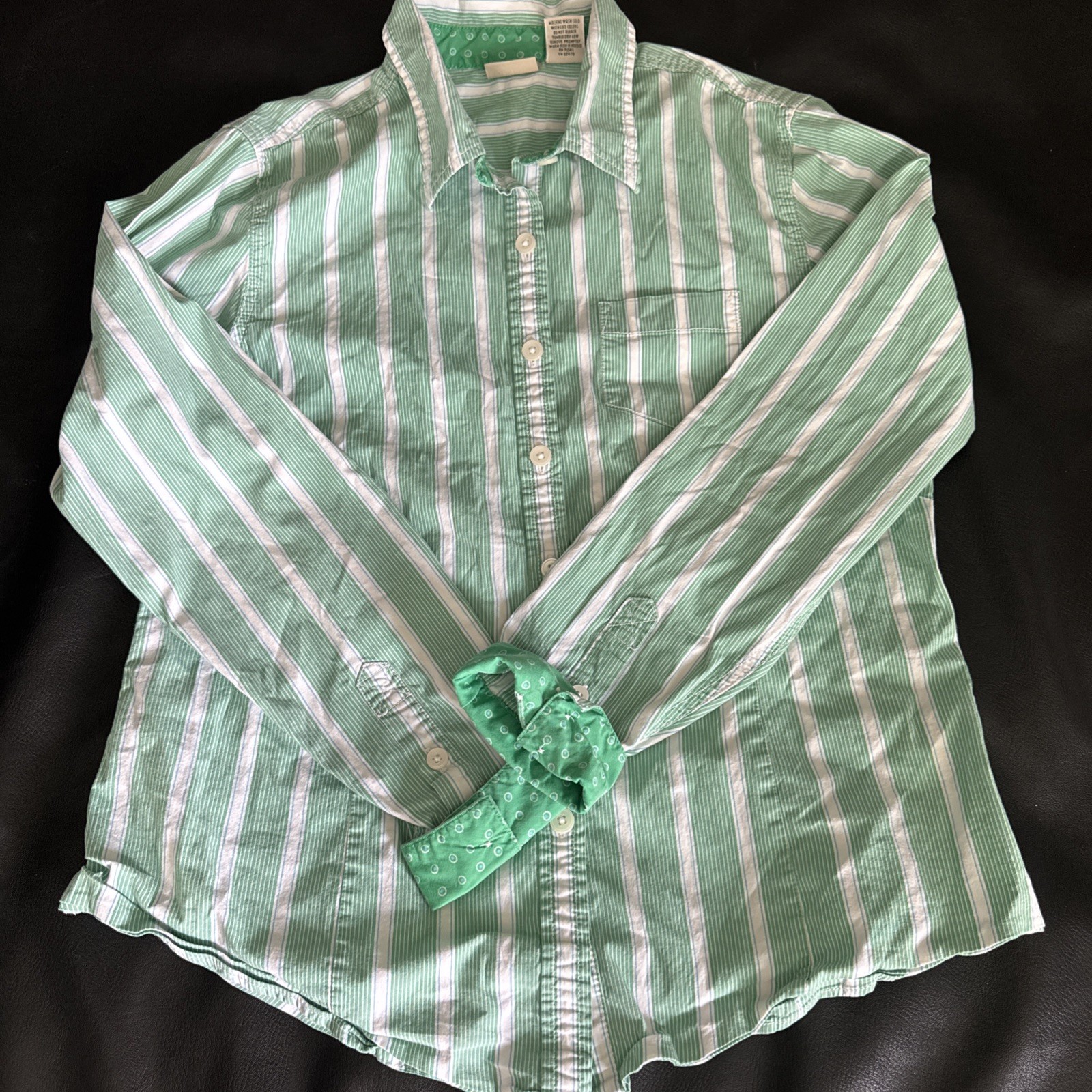 LL Bean Shirt Womens Medium Top Green White Striped Button Up Flip Cuff