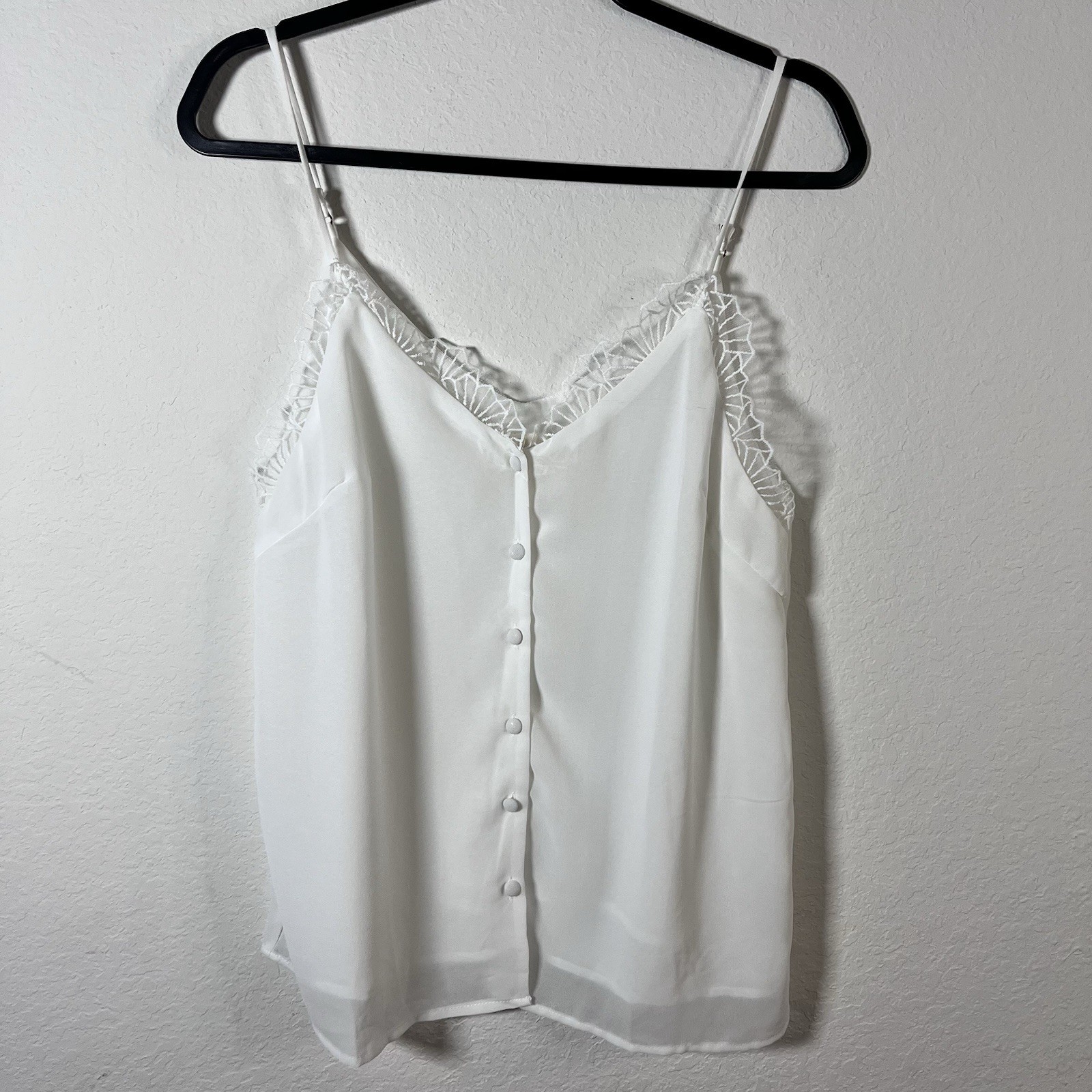 White Lace Trim Cami V-Neck Romantic Button Front Adjustable Straps Womens M