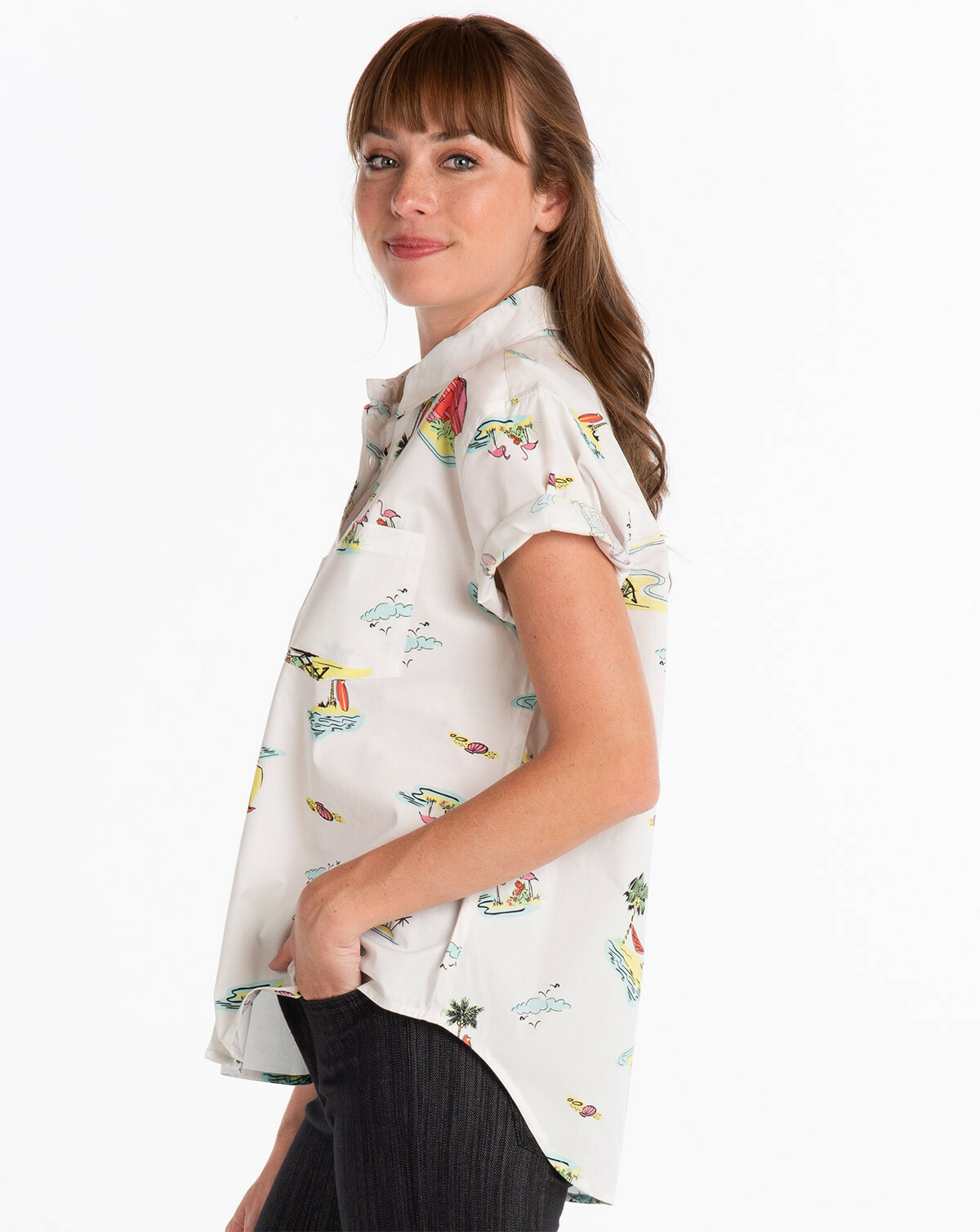 nwt FRESH PRODUCE Medium white Beachy Keen Oxford Camp Shirt cotton/spandex $65.