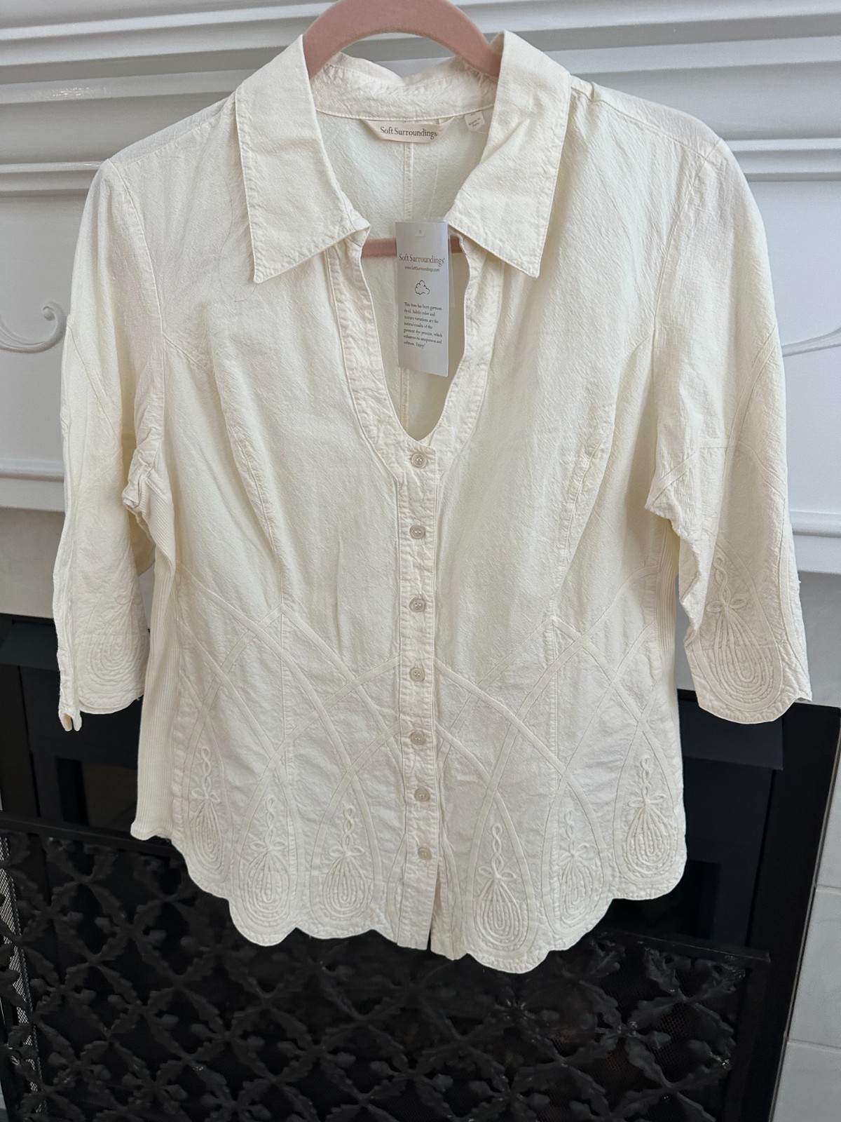 NEW WITH TAGS Soft Surroundings Cream Cotton Floral Embroidered Top sz L $110