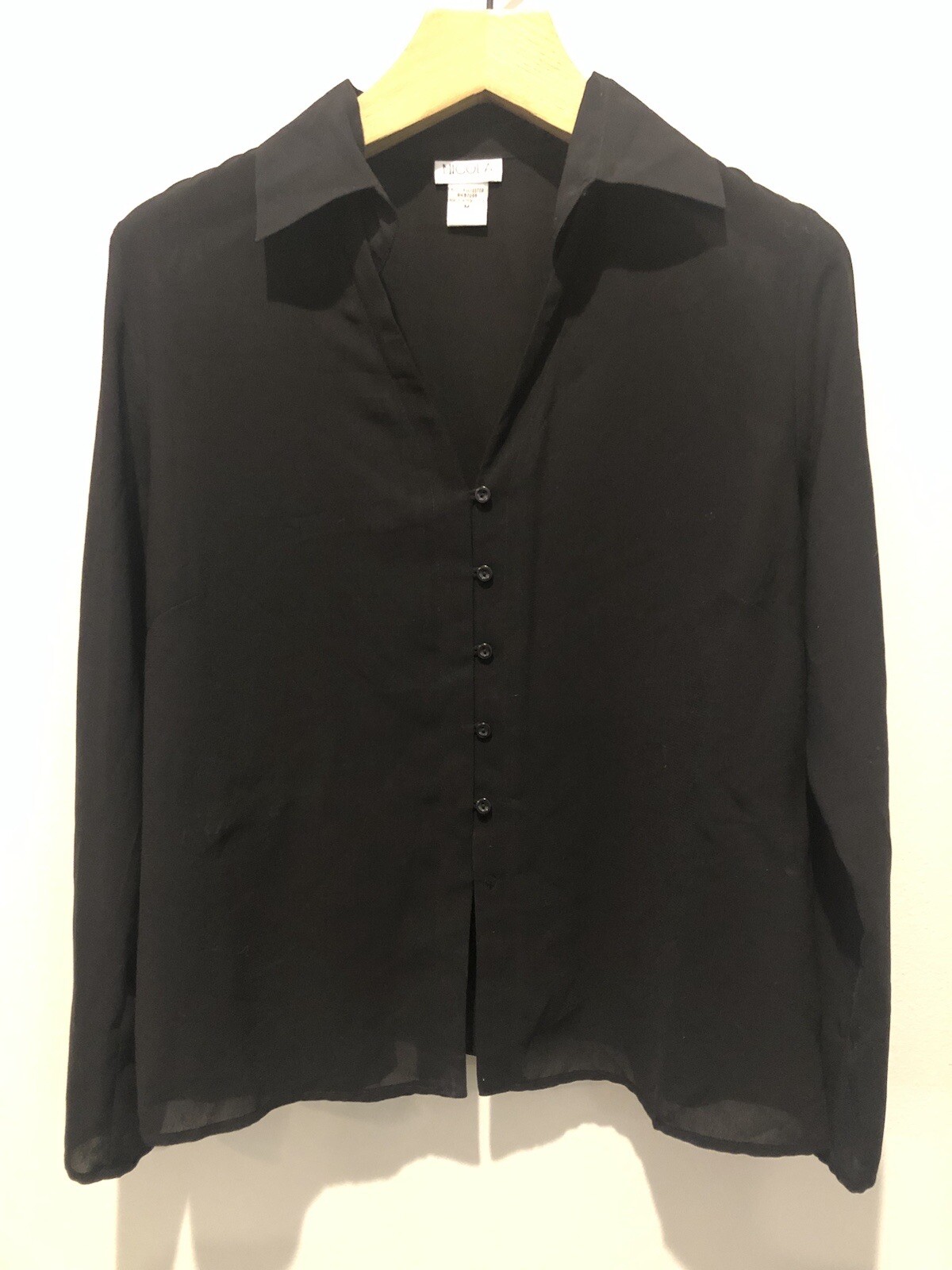 Nicola Shirt Womens Medium Black Sheer Contemporary Classic Modern Blouse Button