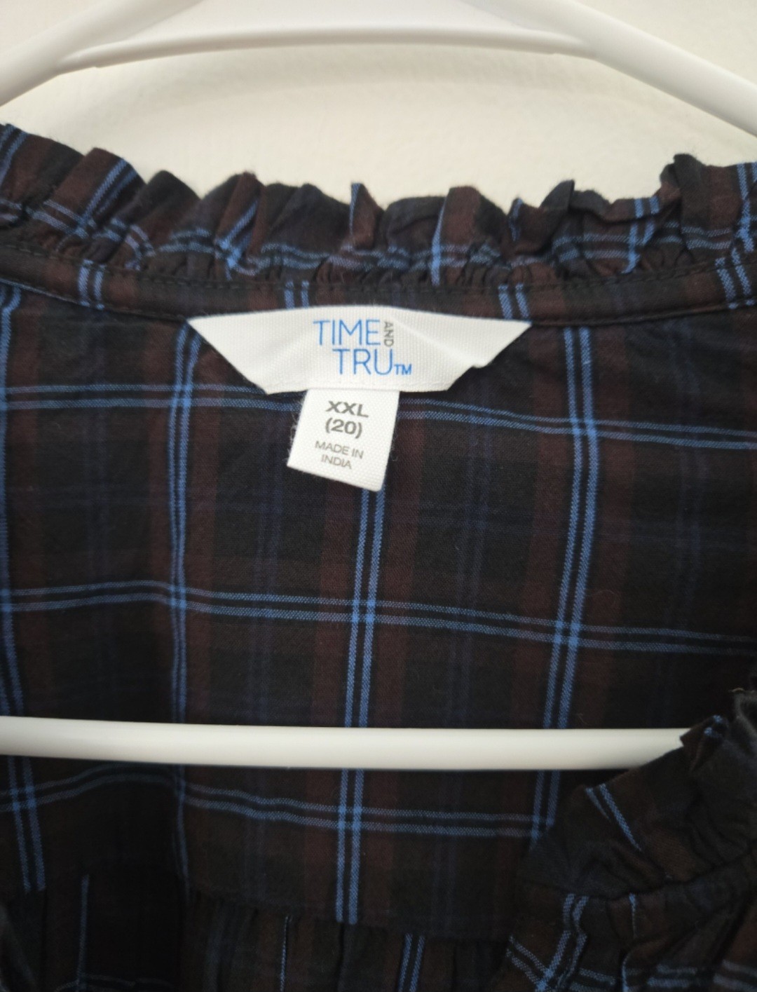 Time and Tru Women’s Plaid Ruffle Neck Button Front Blouse XXL (20) NWT