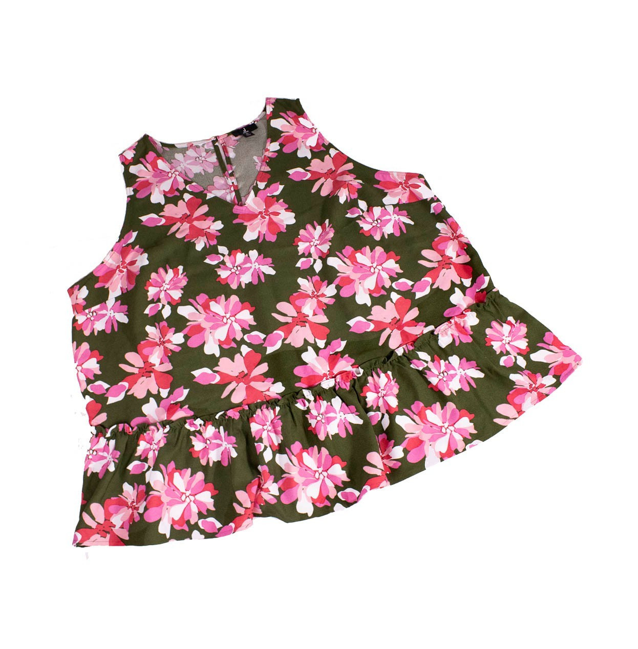 J Jason Wu Floral Ruffle Peplum Top 3X Olive Pink Sleeveless V Neck Plus